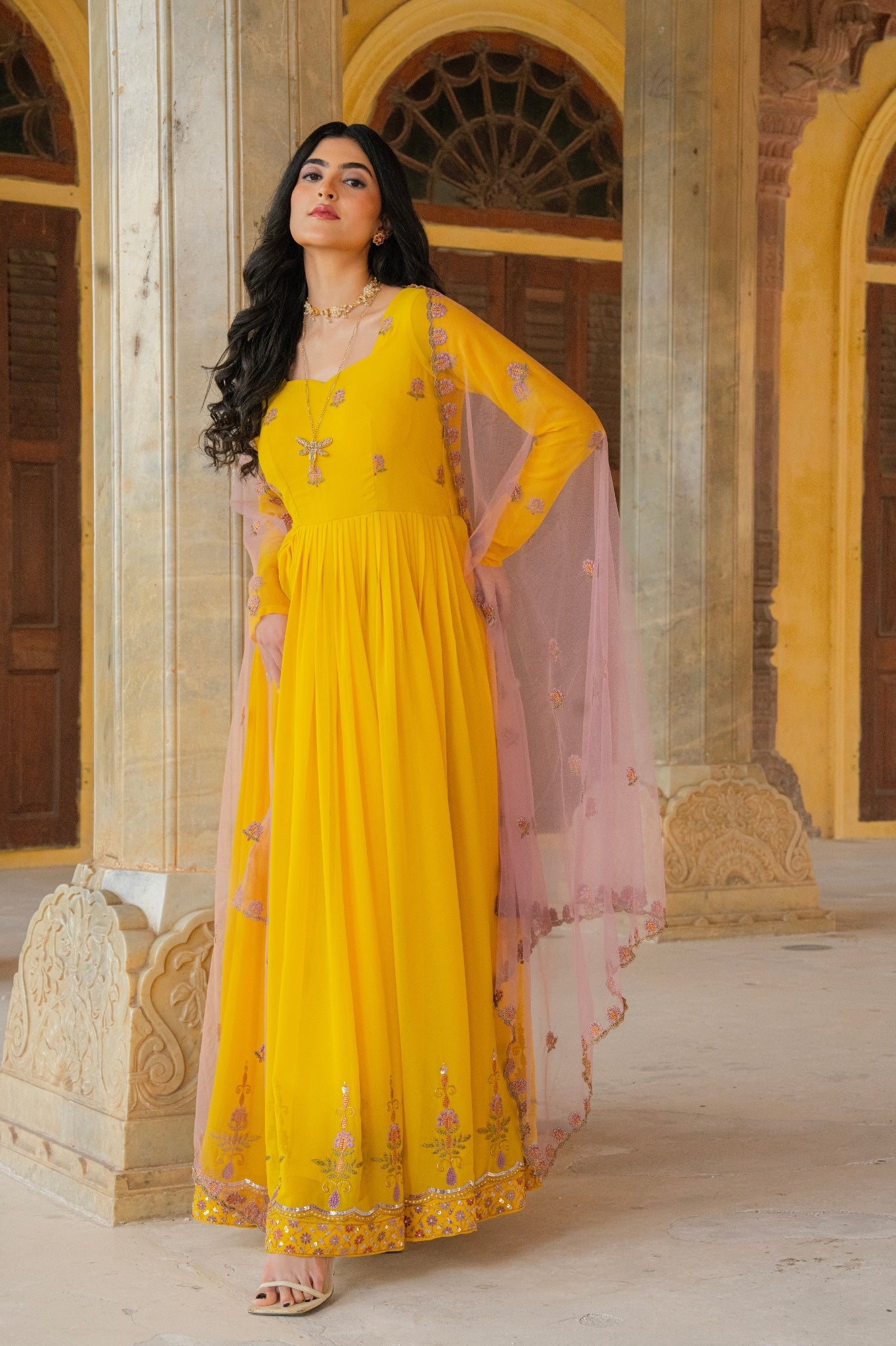 Radiant Yellow Embroidered Georgette Anarkali Gown With Contrasting Dupatta