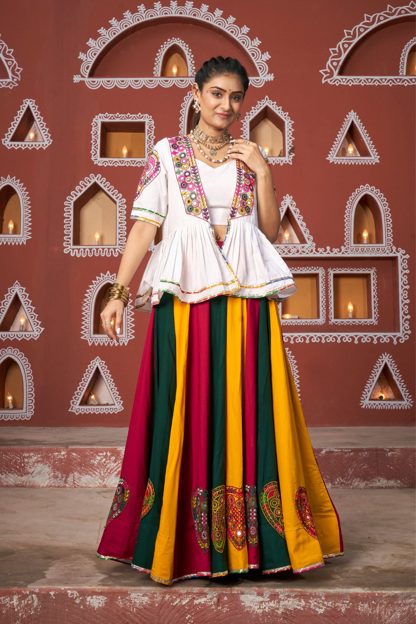 White With Fancy Multi Color Embroidered Work Navratri Lehenga Choli