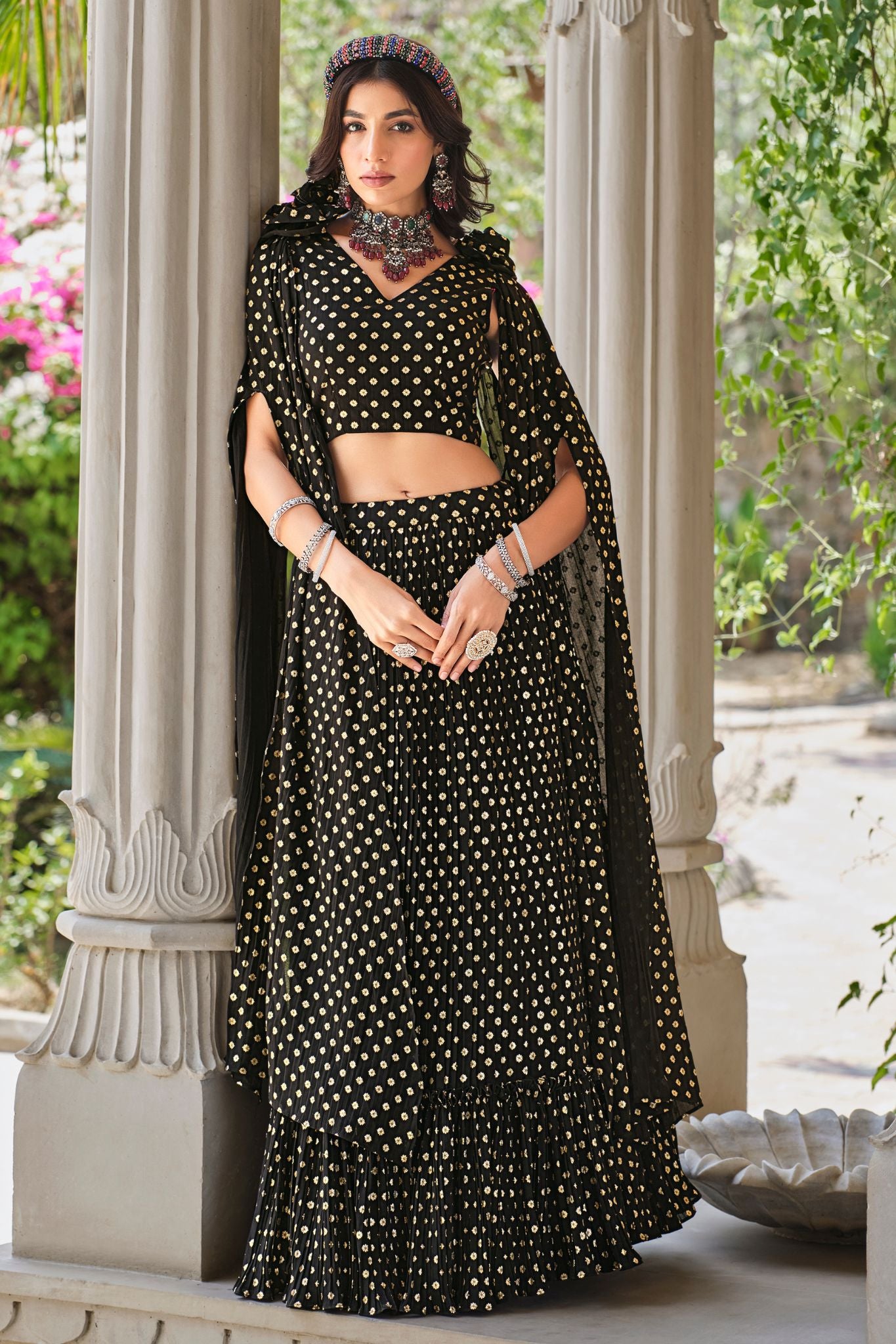 Black Stylish Metallic Foil Work Party Wear Lehenga Choli