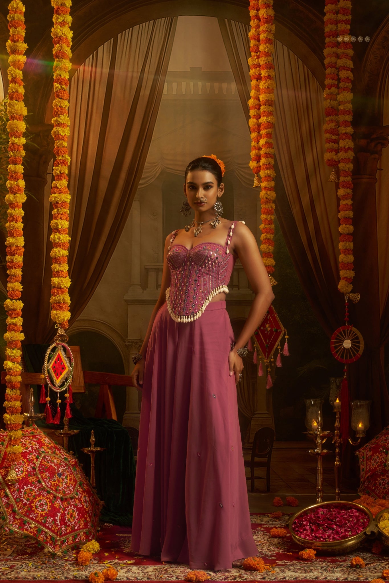 Pink Georgette Designer Festive Set With Mirror And Shell Handwork