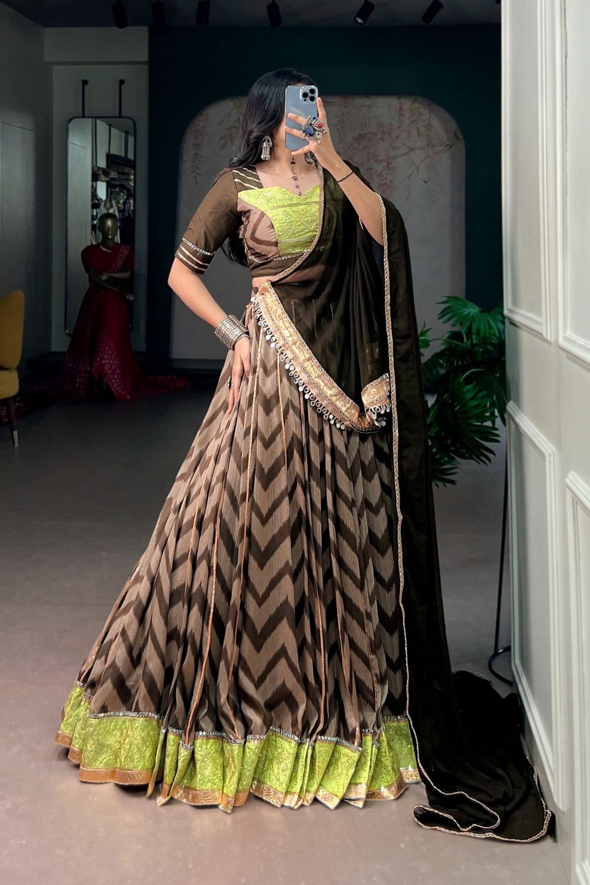 Designer Tasar Silk Mirror Work Navratri Chaniya Choli