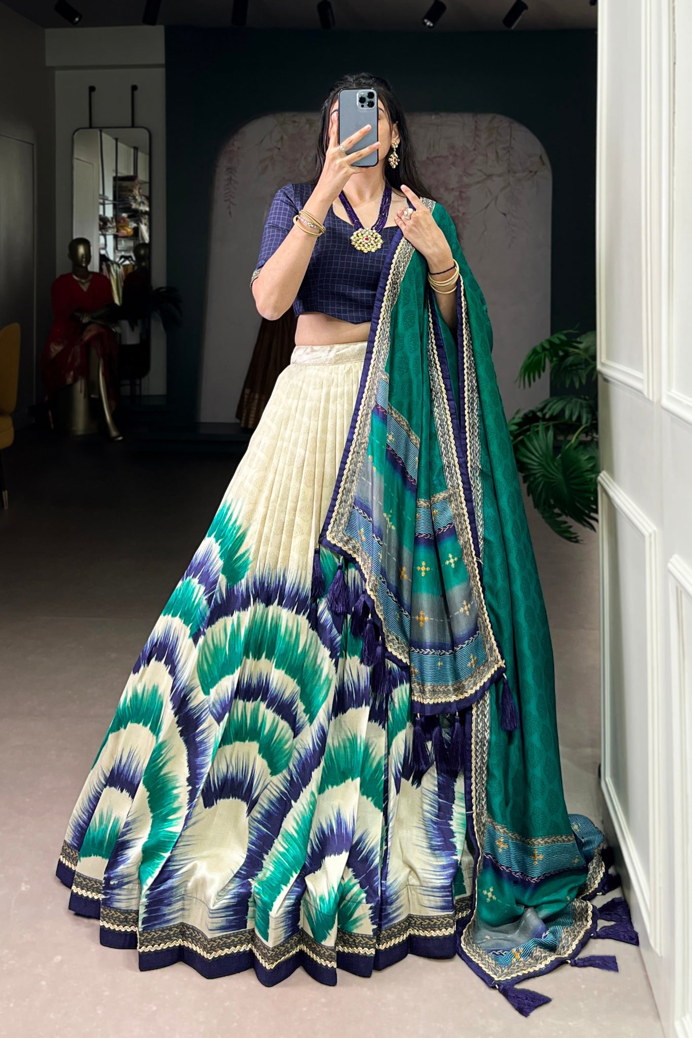 Tasar Silk Tie Dye Lehenga Set With Printed Dupatta And Chex Blouse