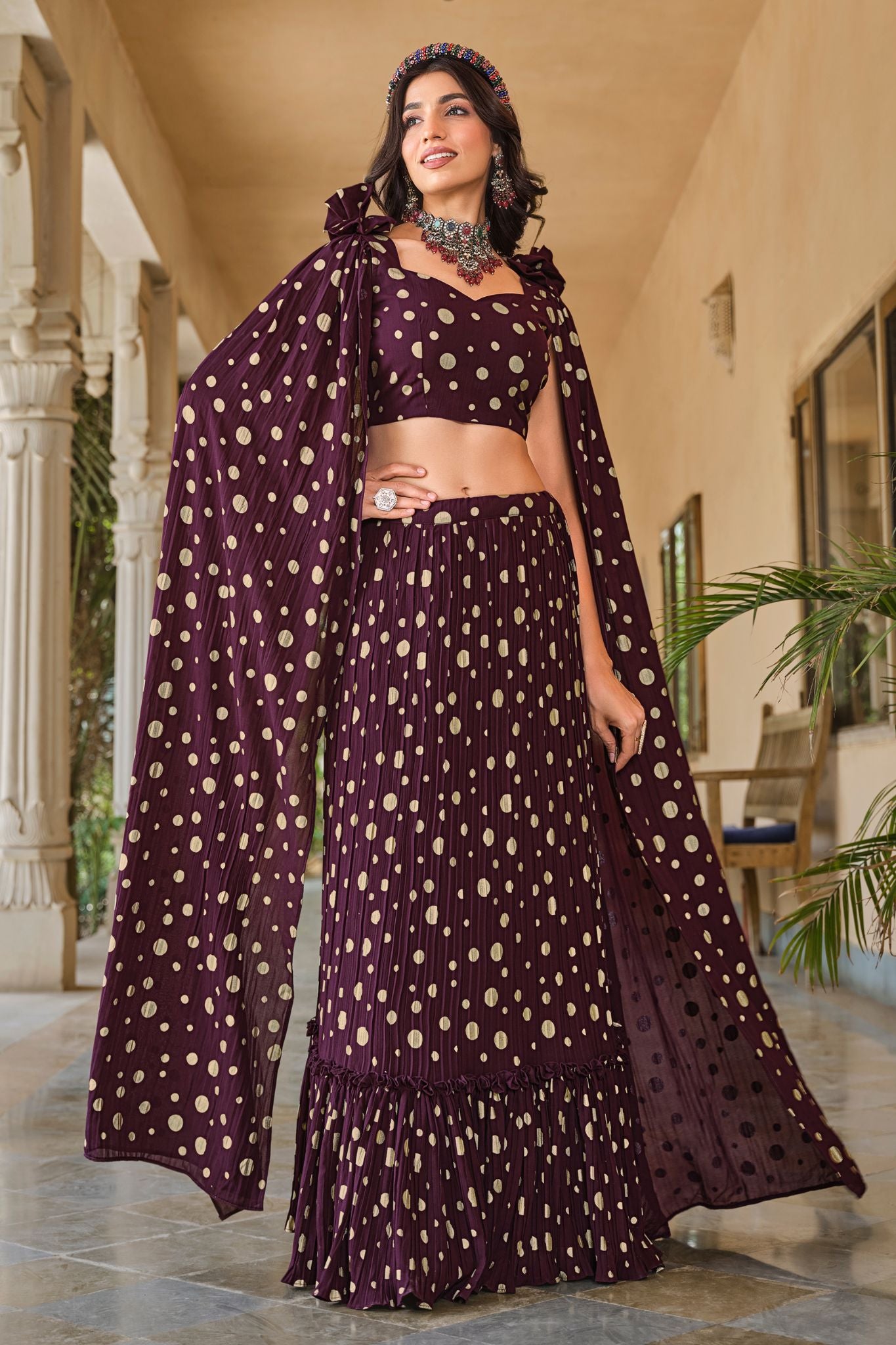 Purple Georgette Metallic Foil Work Party Wear Lehenga Choli