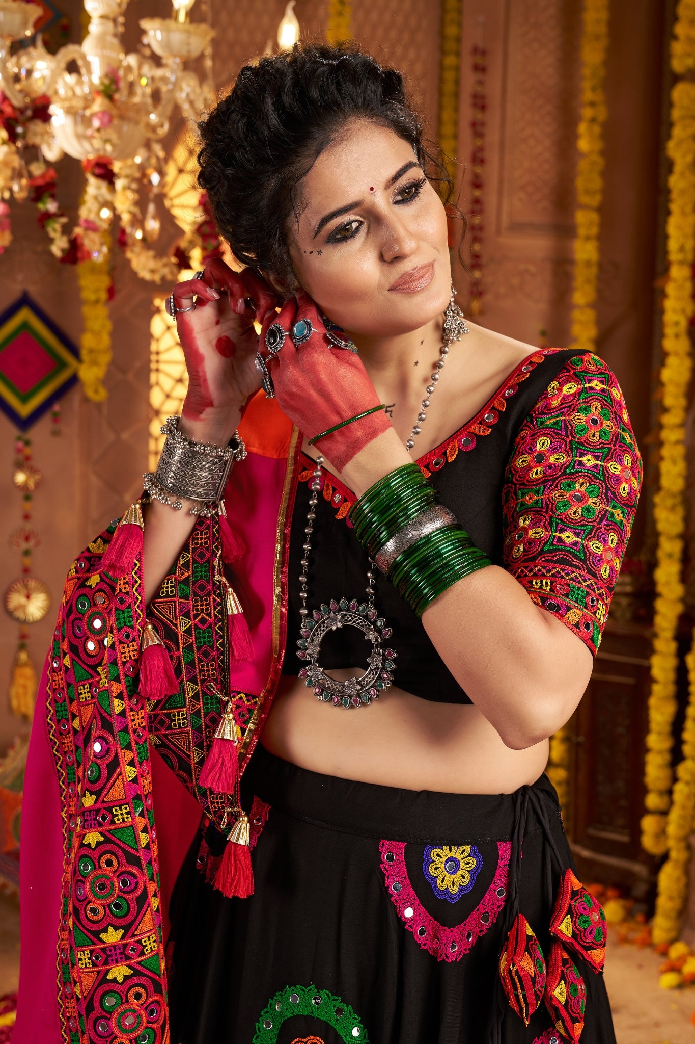 Viscose Cotton Elegant Thread Embroidered With Mirror Work Traditional Navratri Lehenga Choli