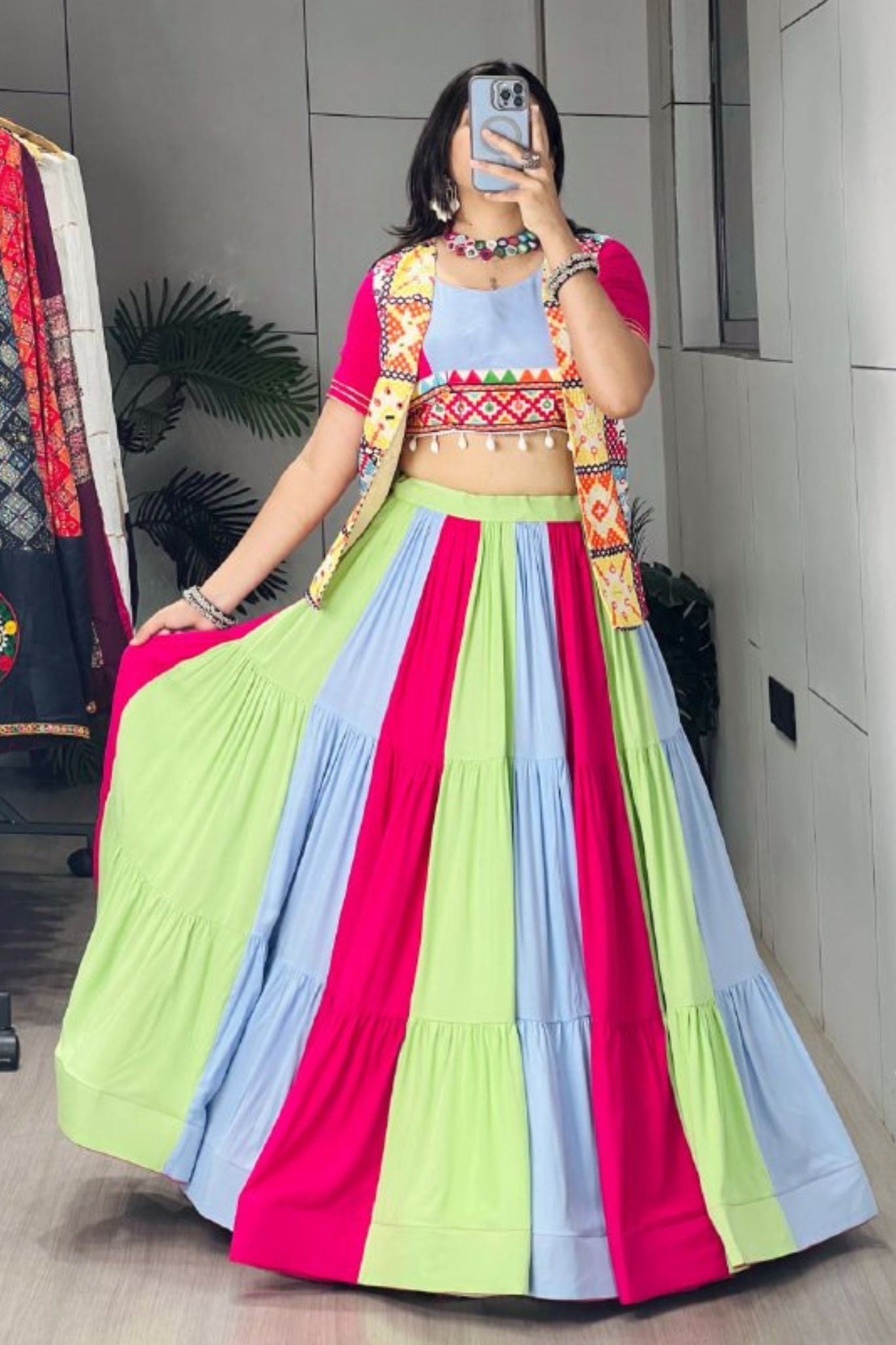 Raasrang Multicolor Cotton Navratri Designer Lehenga Choli With Mirror Work Koti