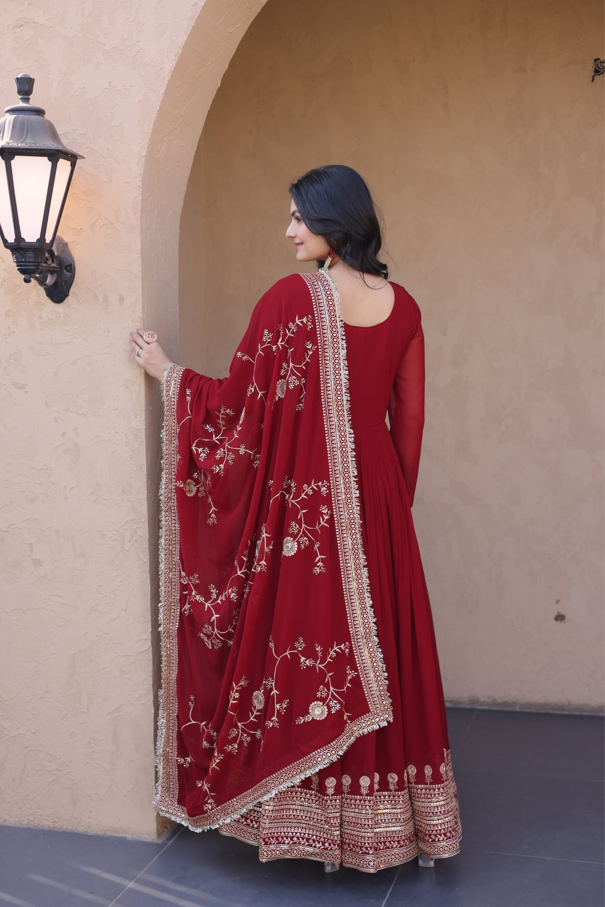 Maroon Designer Anarkali Gown with Dupatta Set