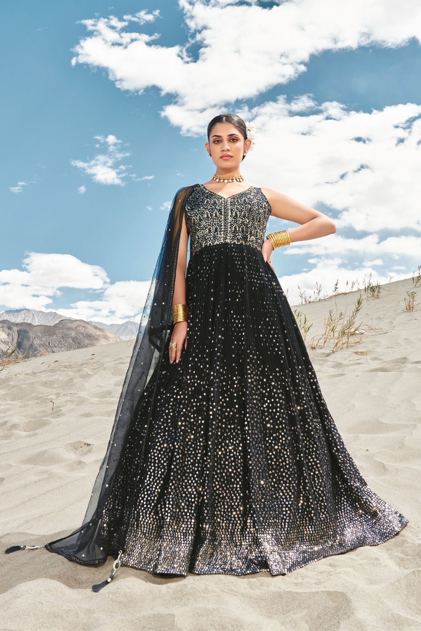 Black Sequins Embroidered With Hand Work Women Gown