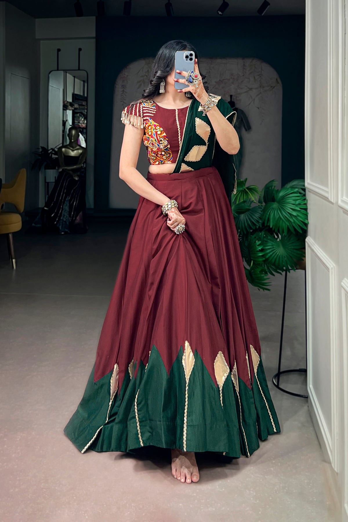 Navratri Special Designer Maroon-Green Traditional Lehenga Choli