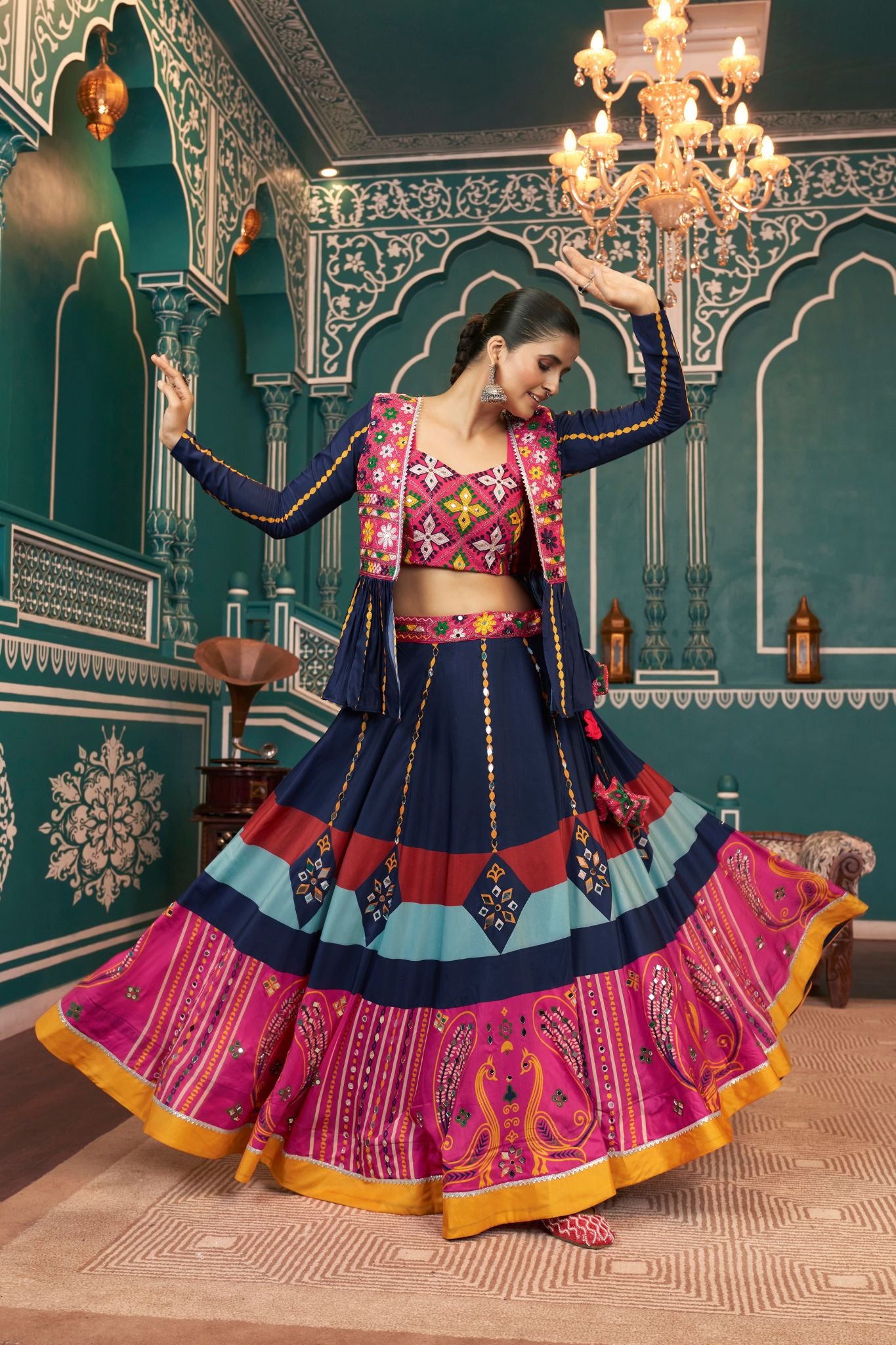 Navy Blue Stylish Poly Maska Silk Navratri Lehenga