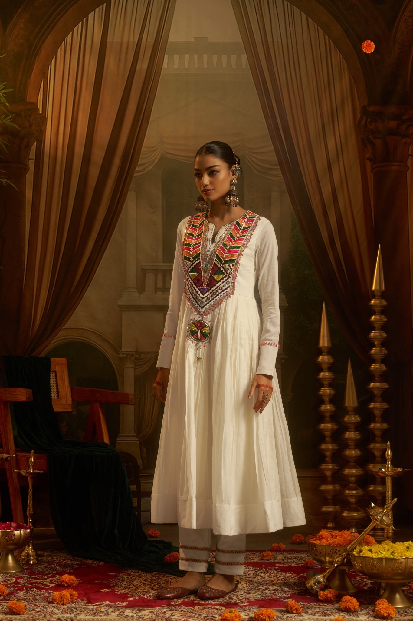 White Mul Cotton Hand embroidered Mirror Work Anarkali Set For Women