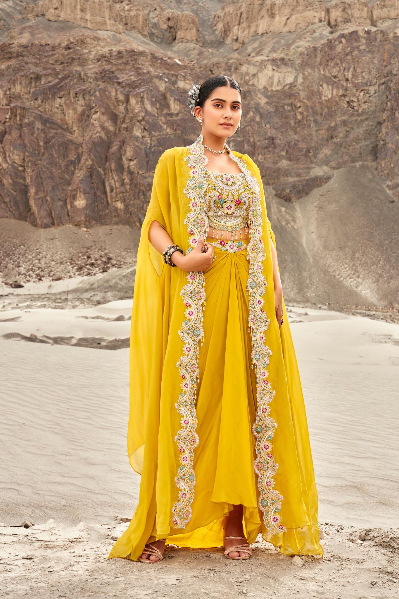 Yellow Dori Embroidered Croptop Skirt Set With Stylish Jacket