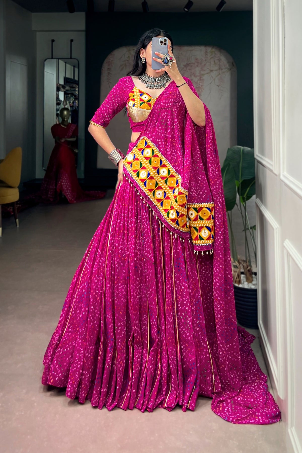 Designer Navratri Lehenga Choli In Bandhej Print Georgette With Gamthi Work Dupatta