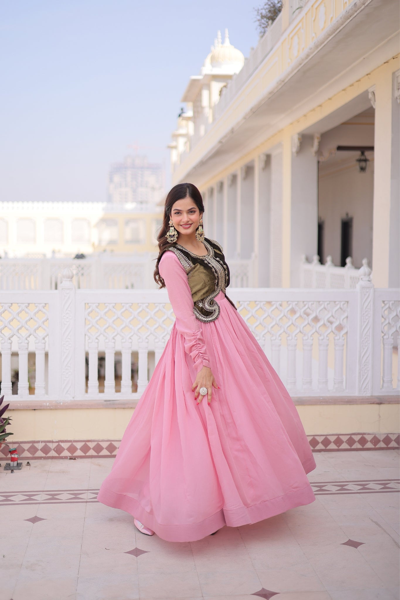 Mal Chanderi Anarkali Gown With Velvet Koti For Women