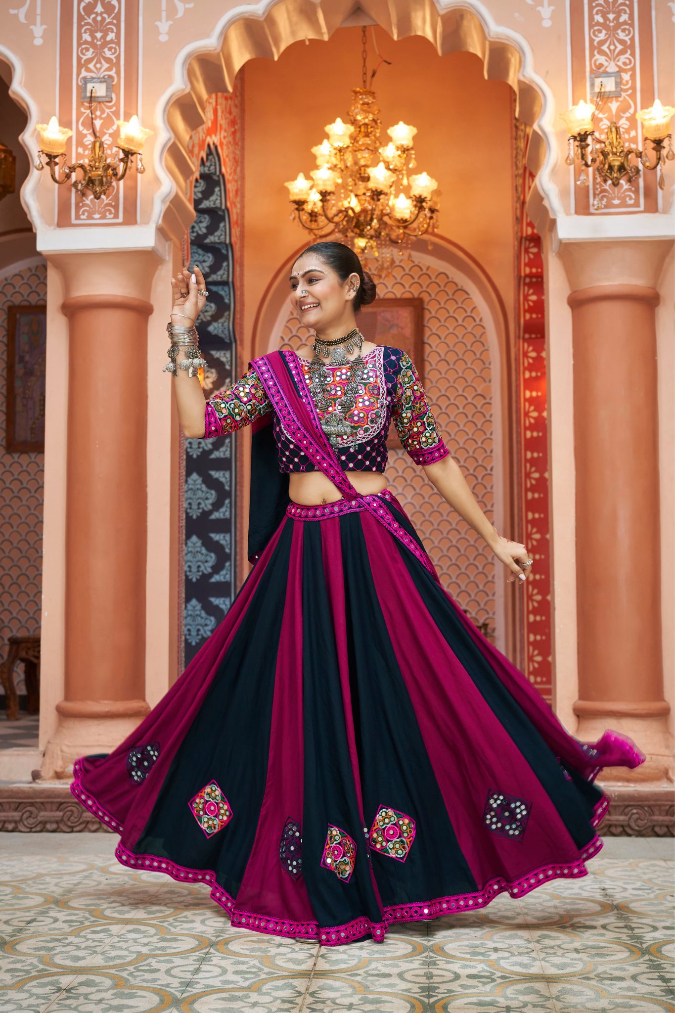 Embroidery With Mirror Work Viscose Rayon Lehenga Choli For Navratri