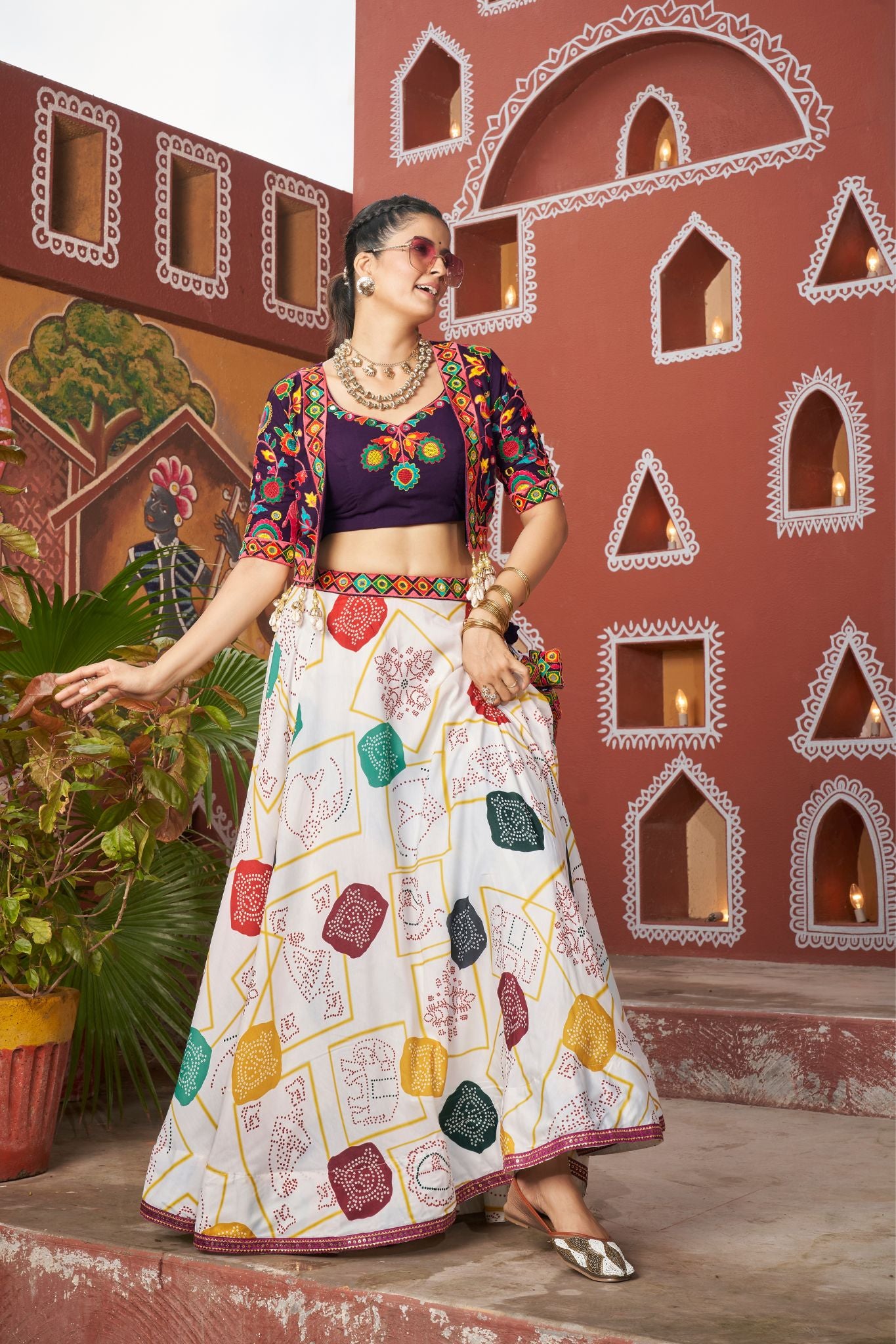 Fancy Designer White And Purple Embroidered Navratri Lehenga Choli