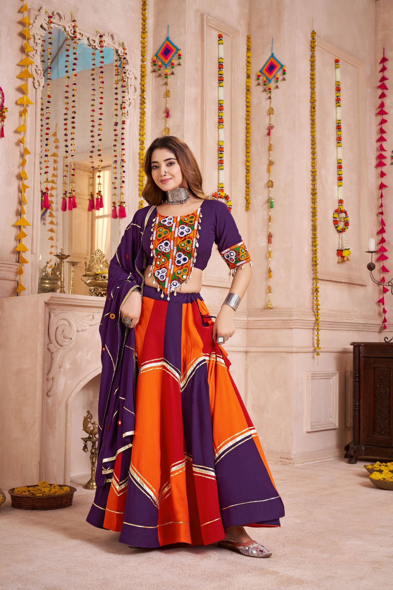 Designer Navratri Lehenga Choli With Handmade Ribbon And Mirror Work Dupatta