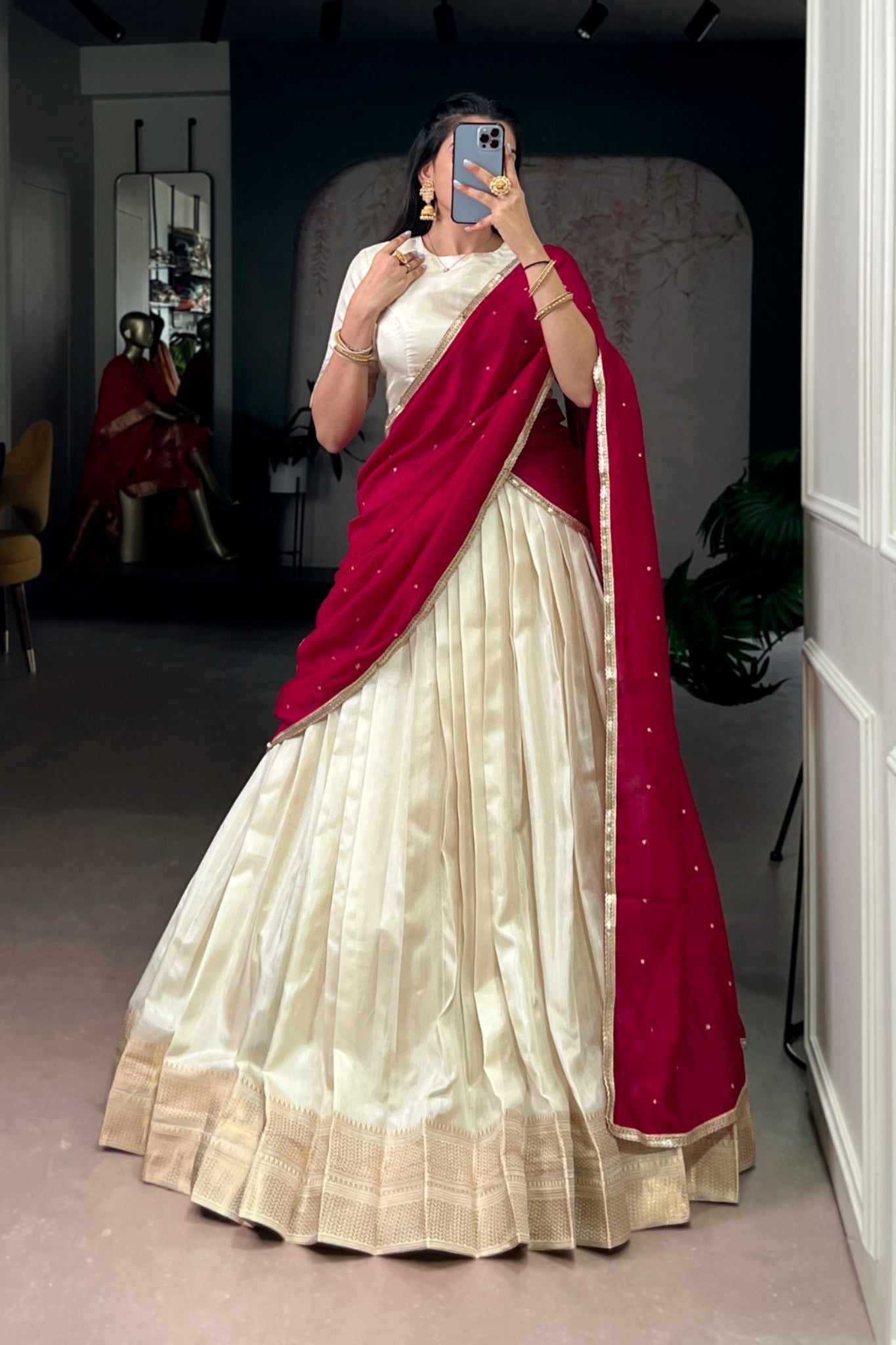 Festive Elegant Dola Silk Lehenga Choli With Red Dupatta