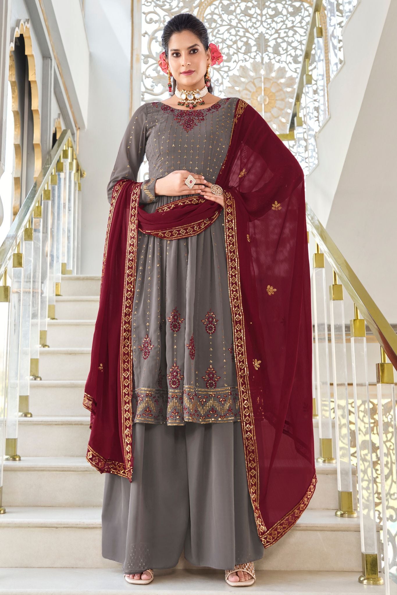 Grey Georgette Designer Embroidered Work Women Suit Set