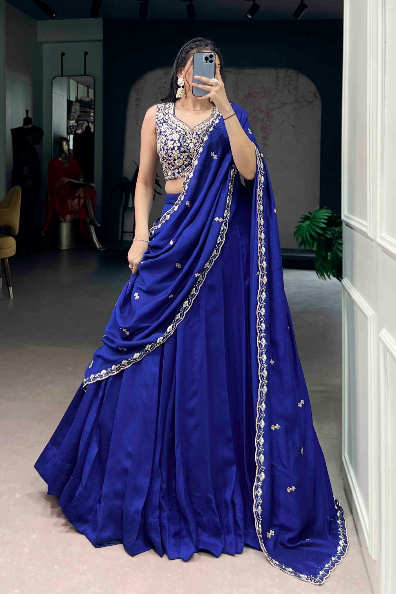 Royal Blue Kashmiri Lehenga Set With Heavy Embroidered Blouse And Dupatta