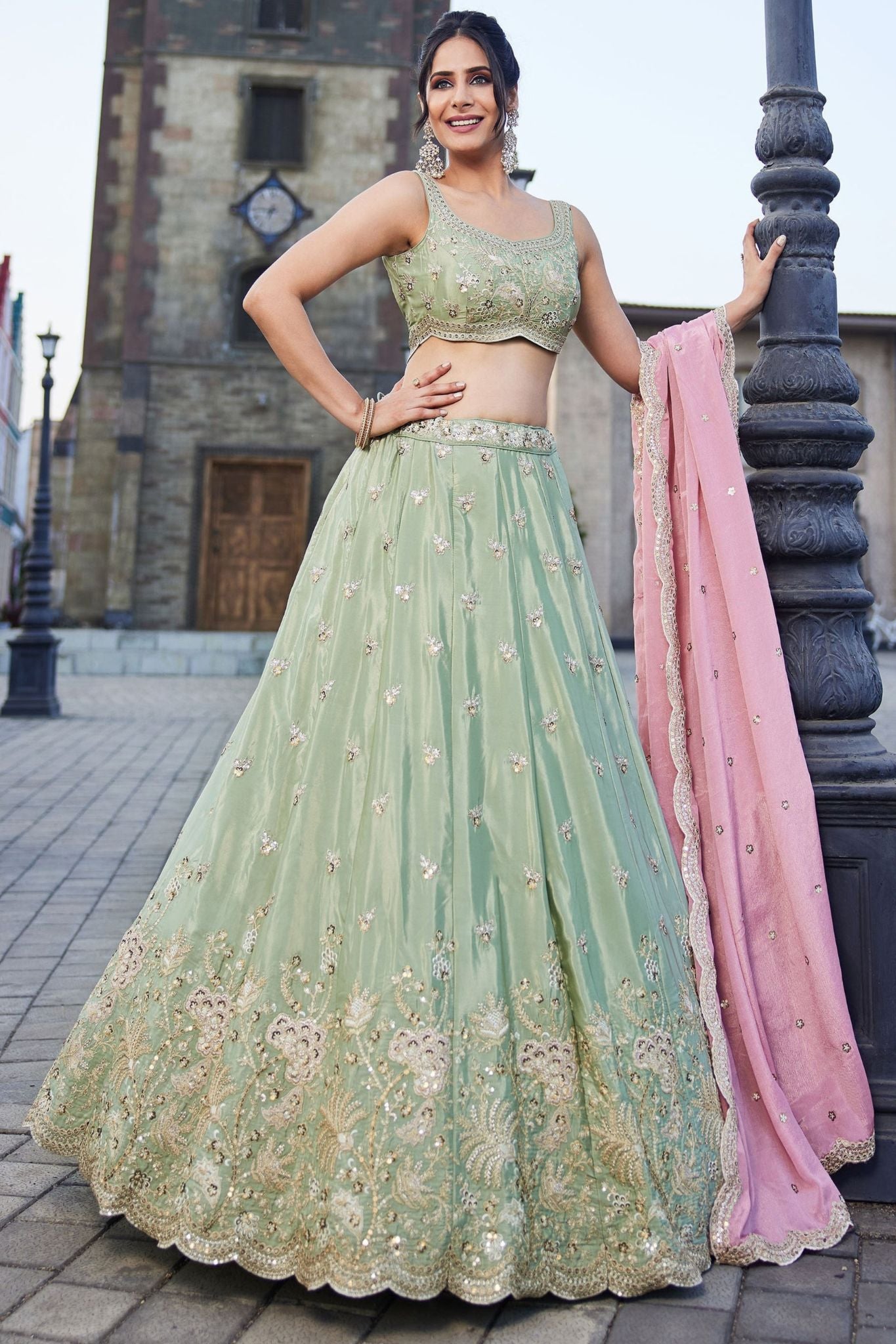 Pista Green Designer Art Silk Lehenga Choli With Zari Sequins & Dori Embroidery Work