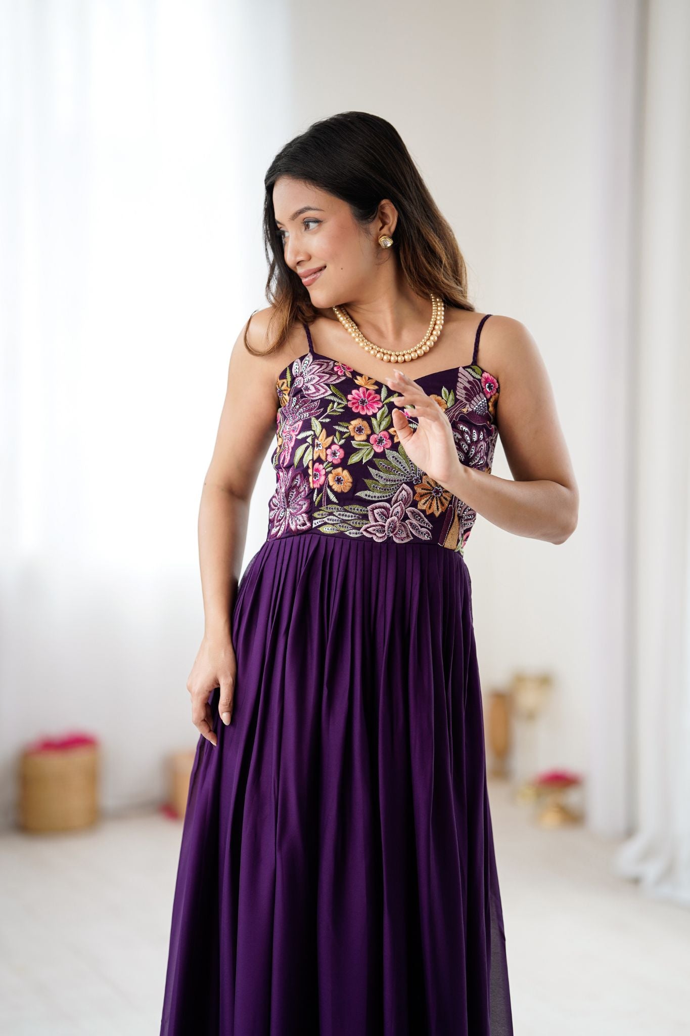 Purple Floral Embroidered Designer Pure Georgette Gown For Women