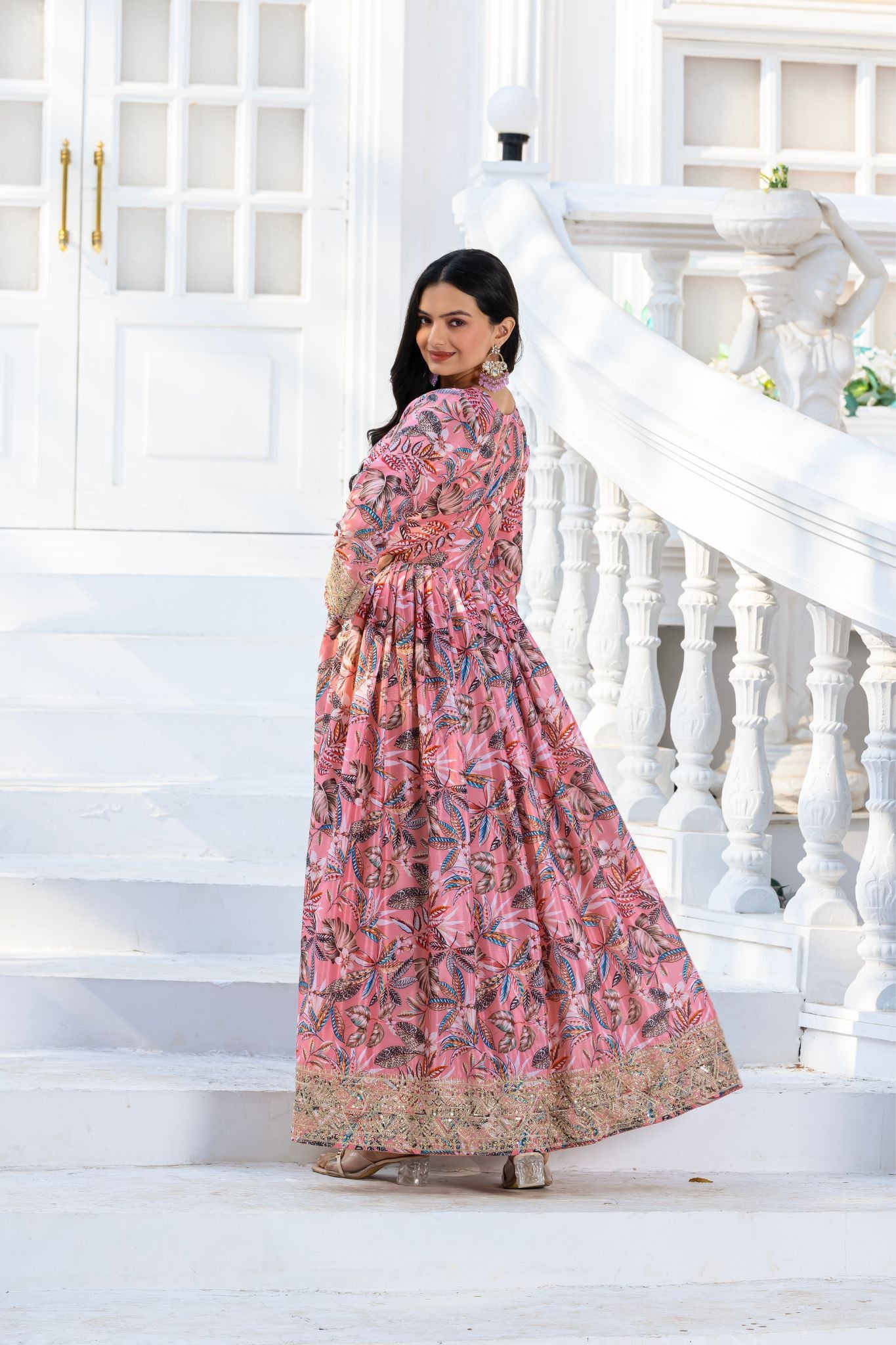 Floral Printed Stunning Embroidered Anarkali Dress