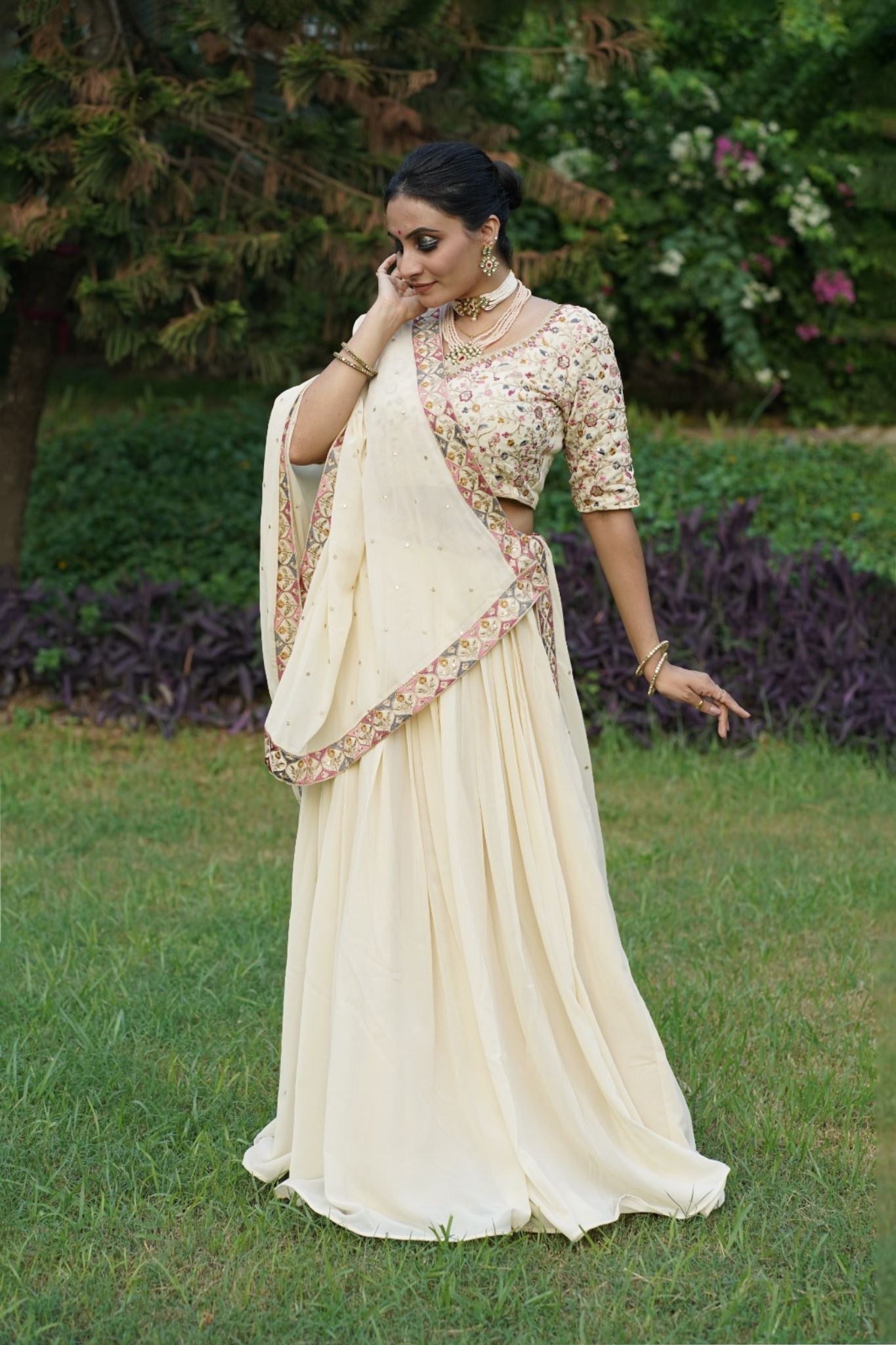 Off White Sequins Embroidery Work Lehenga Choli