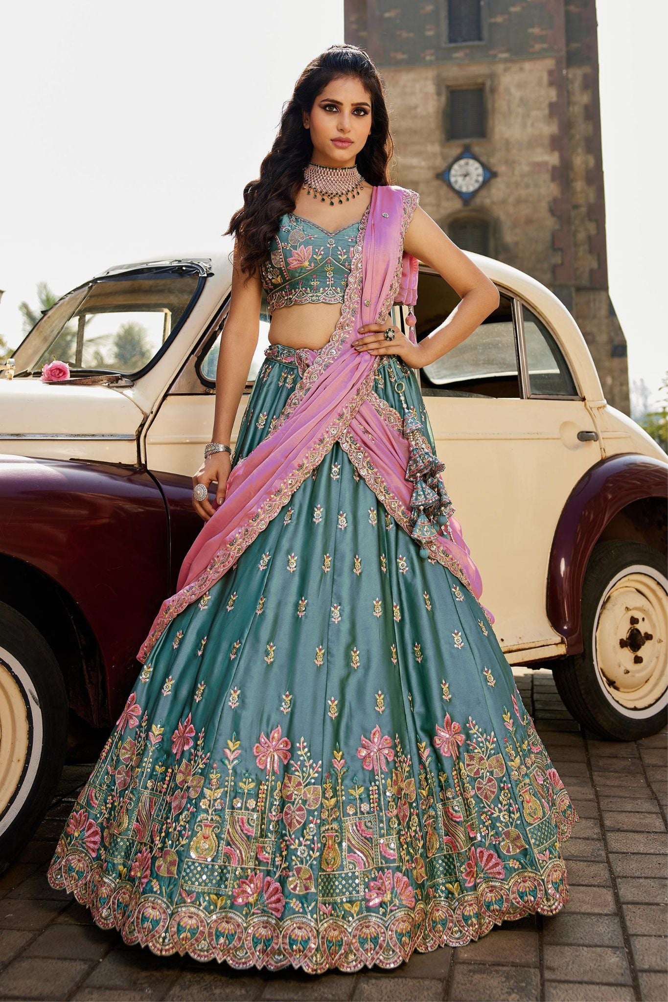 Teal Blue Rangoli Silk Designer Lehenga Choli With Pink Embroidered Dupatta