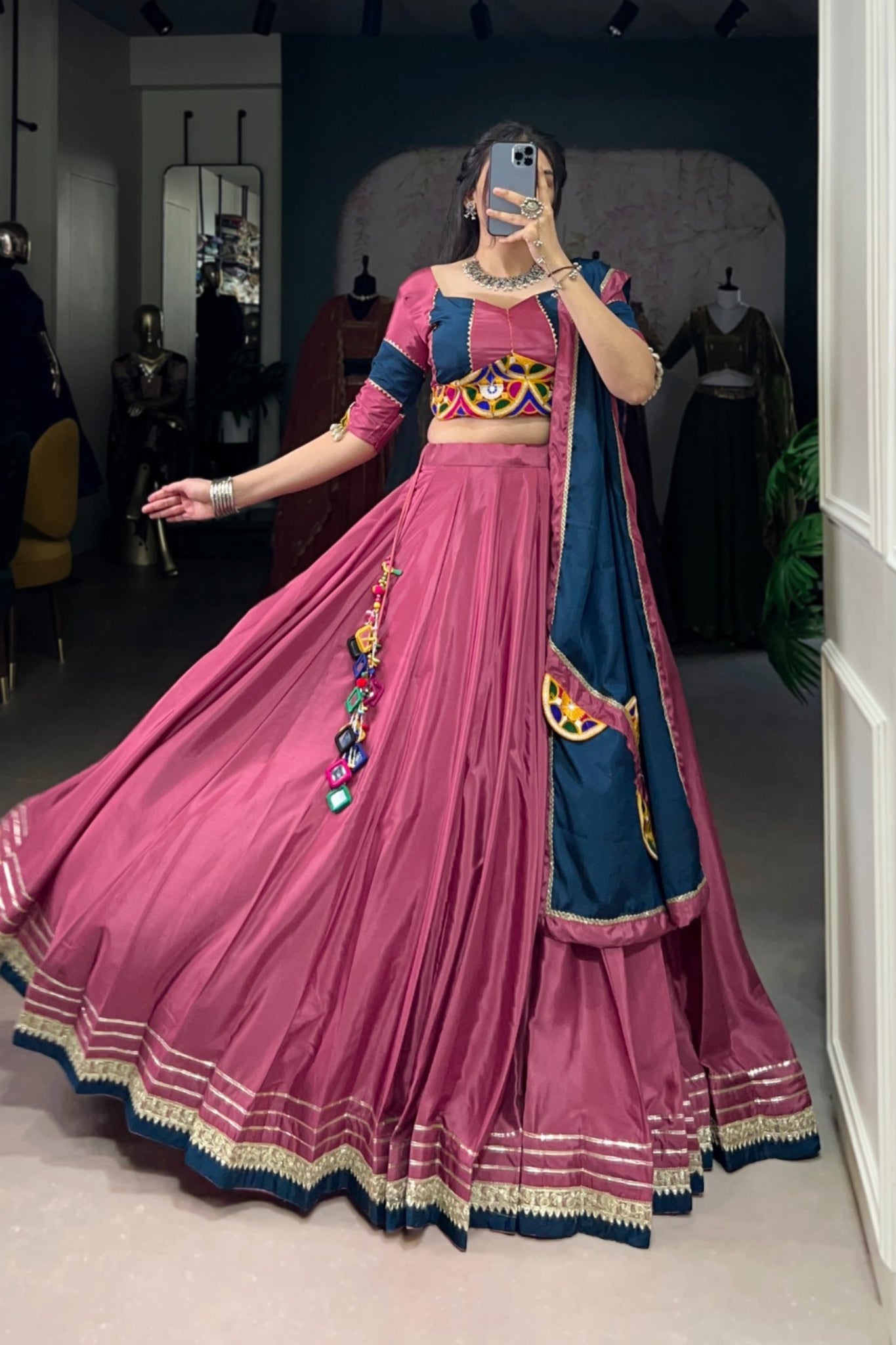 Traditional Original Mirror Gamthi Work With Embroidered Gotta Patti Lace Touch Up Navratri Lehenga Choli