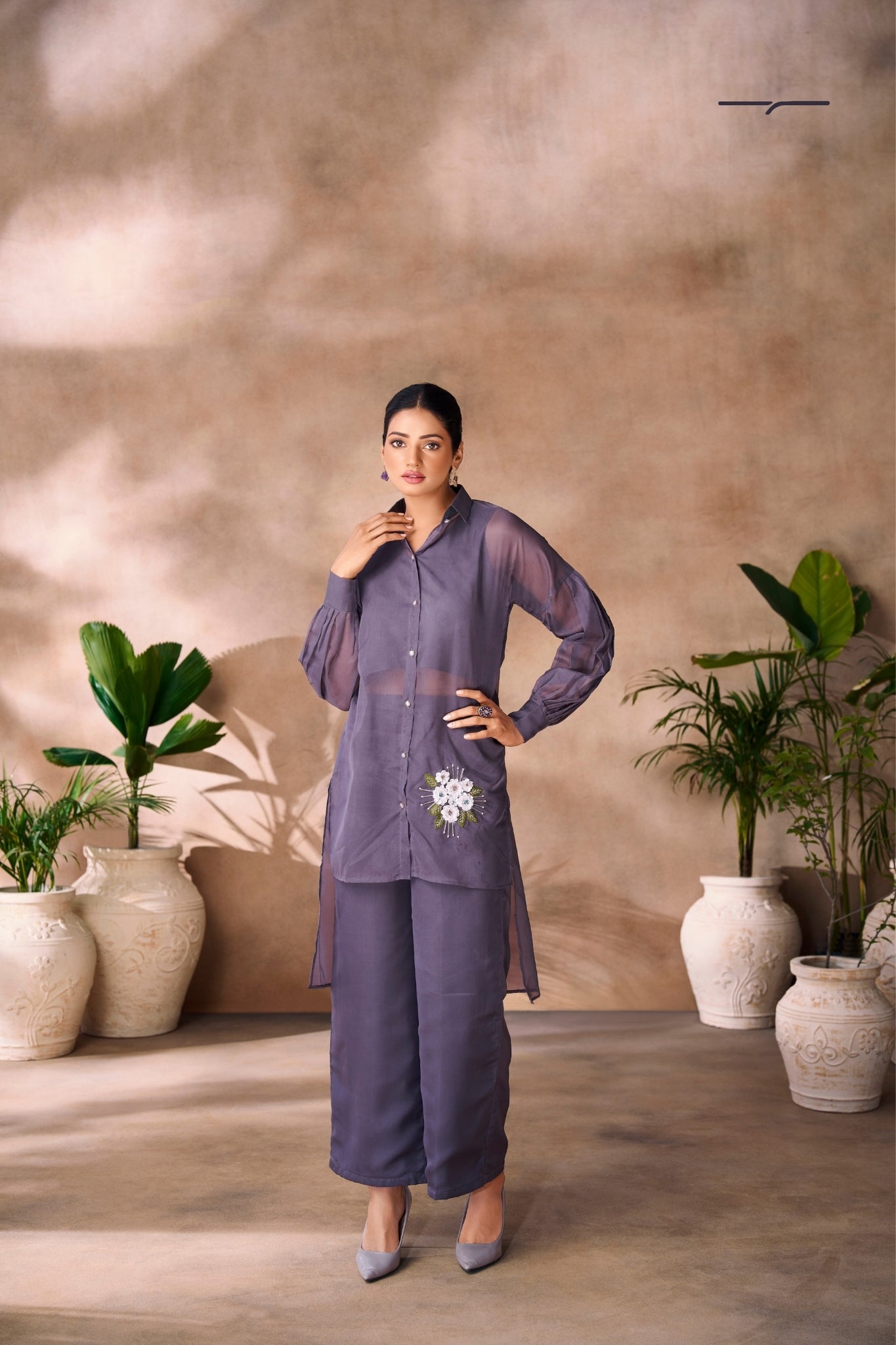 Ethereal Grey Floral Organza Ensemble Co Ord Set