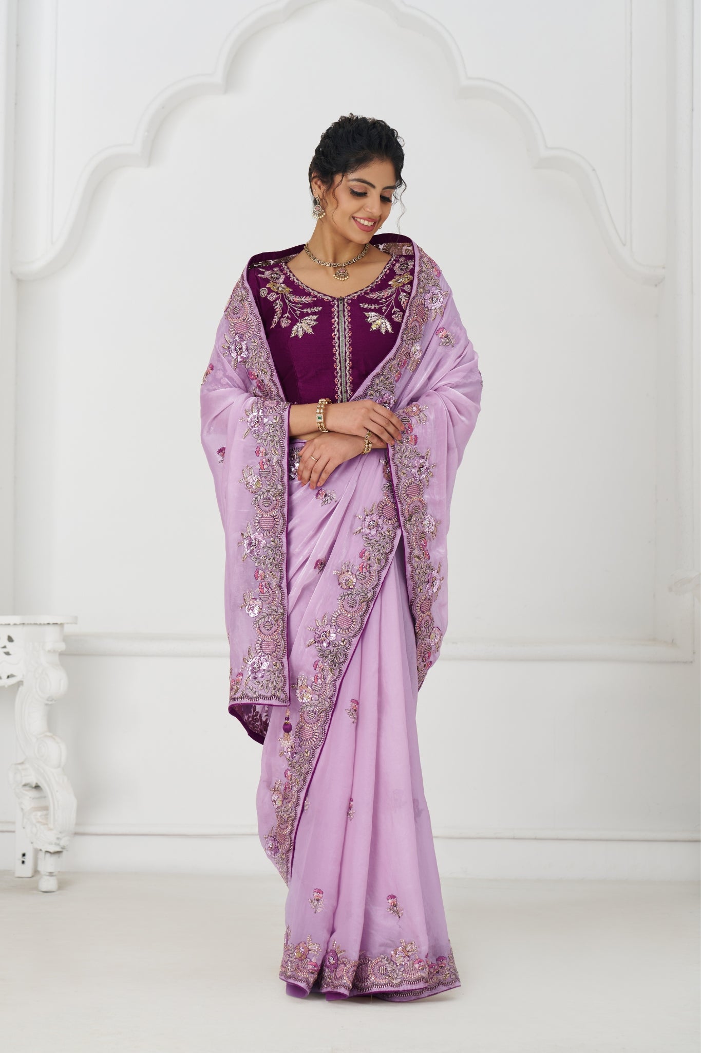 Mauve Designer Pure Fendi Silk Wedding Saree