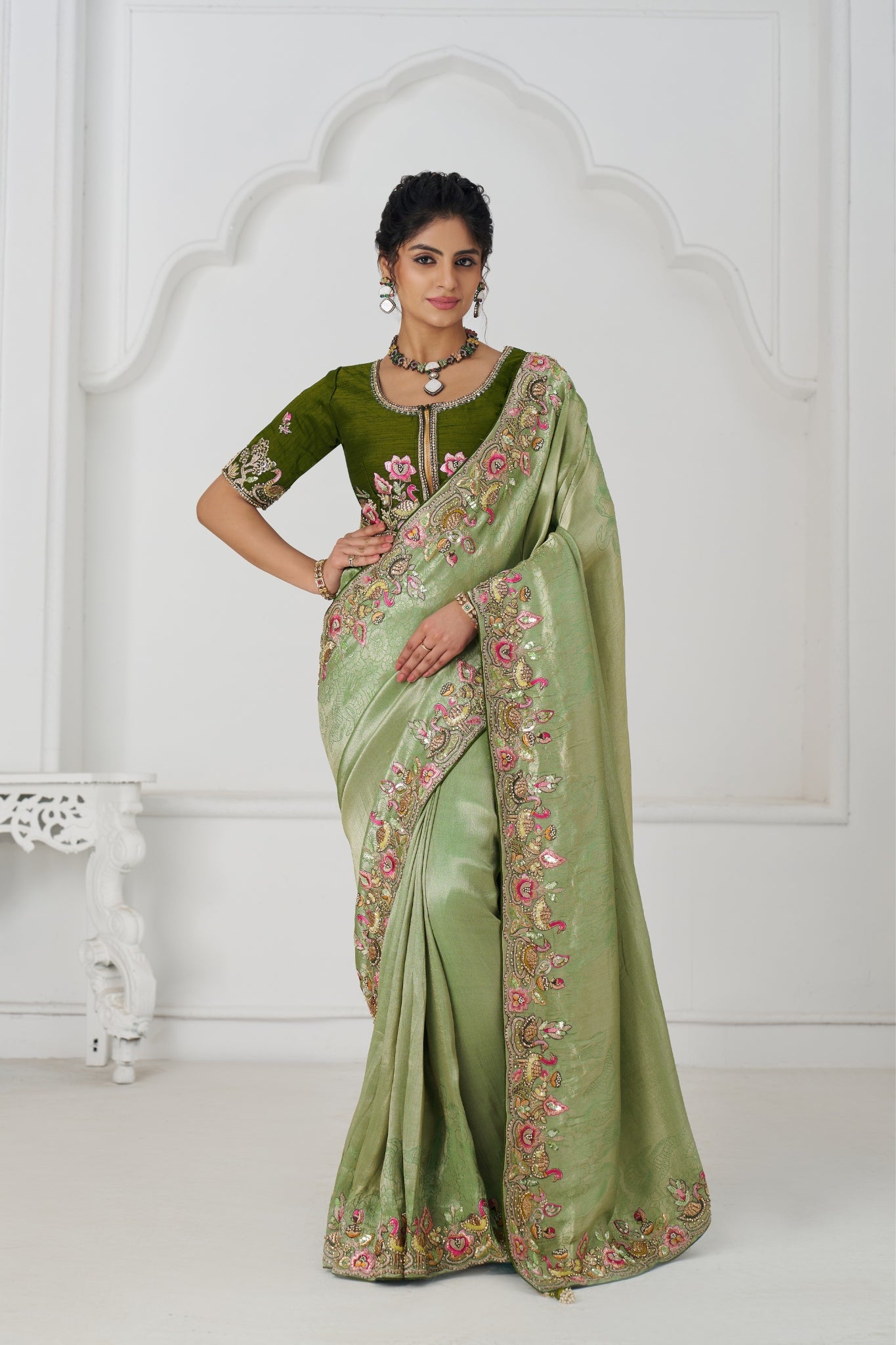 Mehndi Luxury Wedding Saree With Multi-Thread Bead Embroidery & Sequin Work