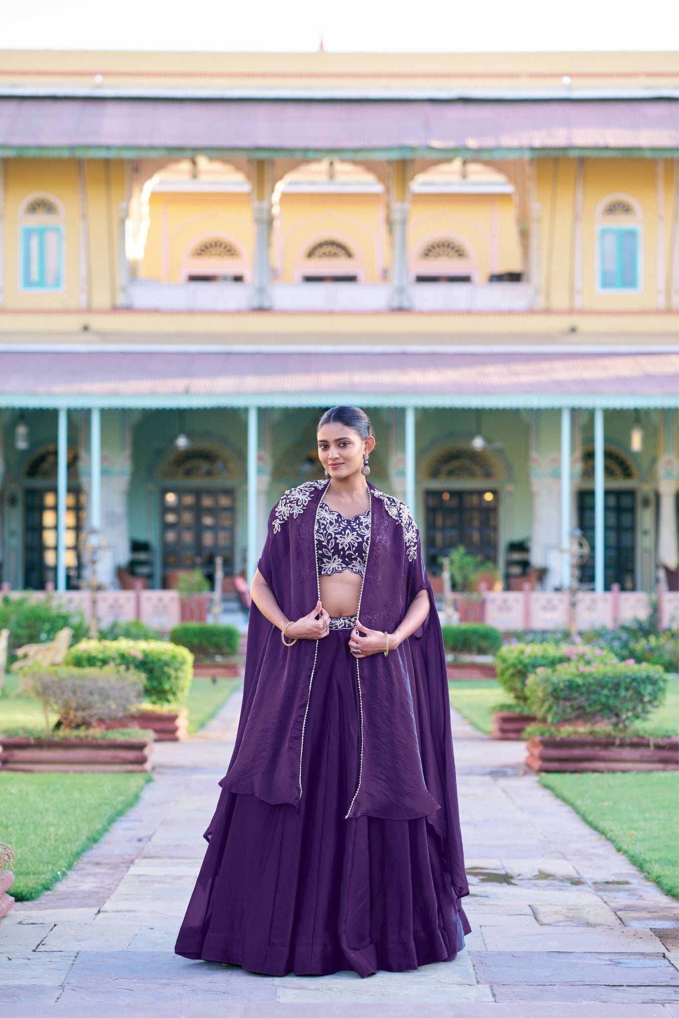 Premium Fendi Silk Lehenga Choli Set With Embroidered Shrug