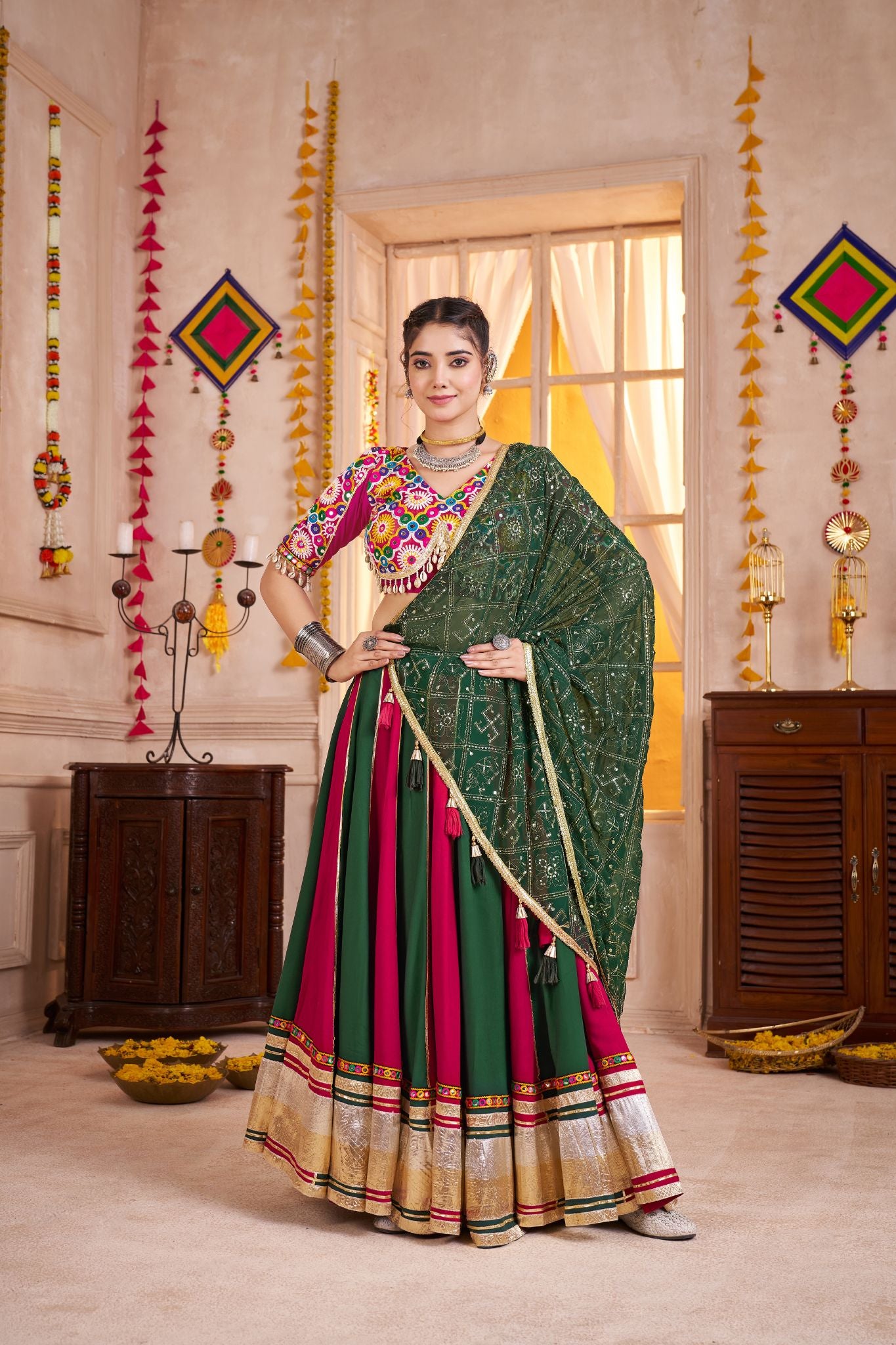 Multi Color Viscose Cotton Traditional Designer Navratri Lehenga Choli