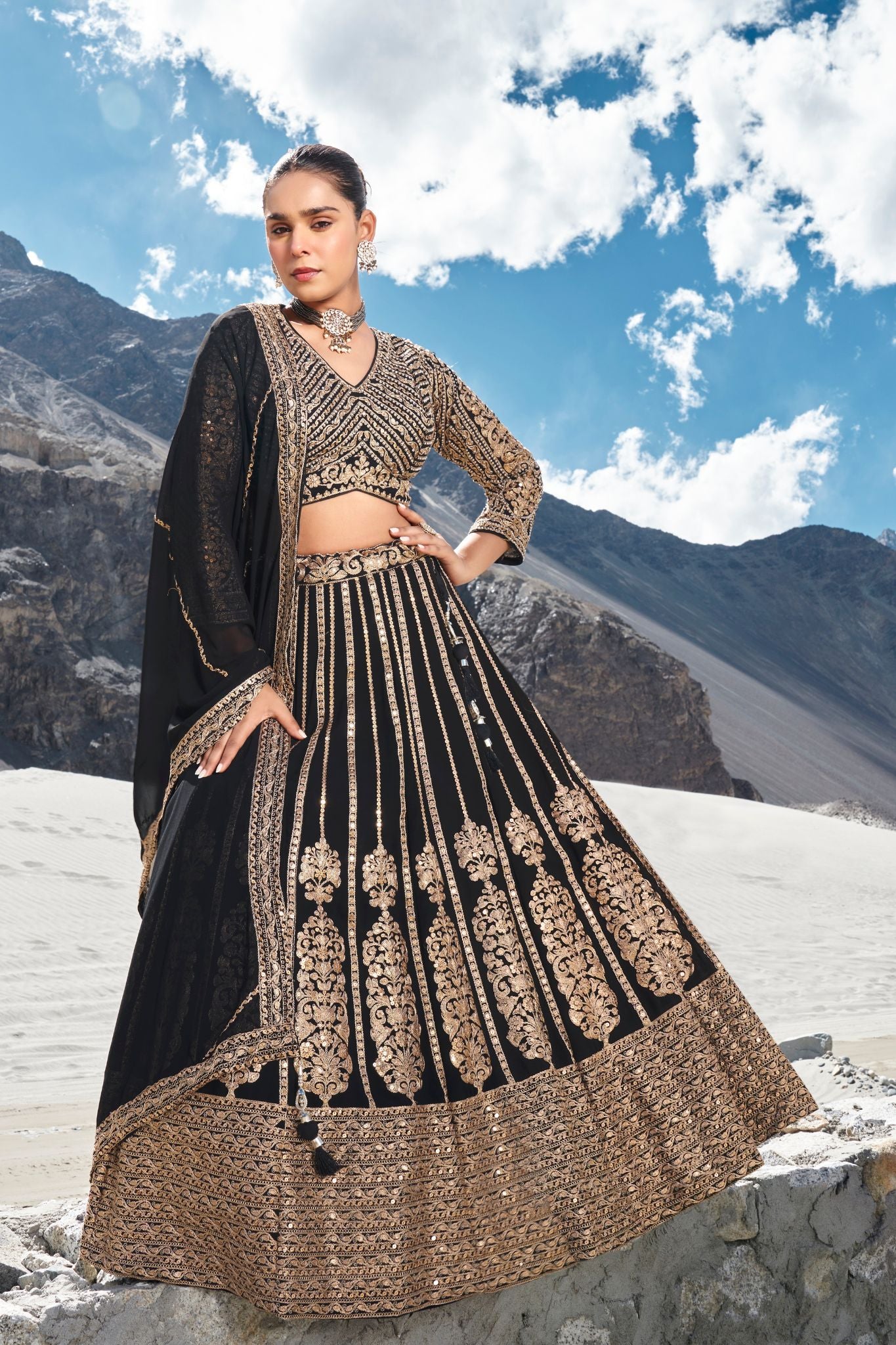 Black Heavy Hand Work With Sequins Embroidery Work Wedding Style Lehenga Choli