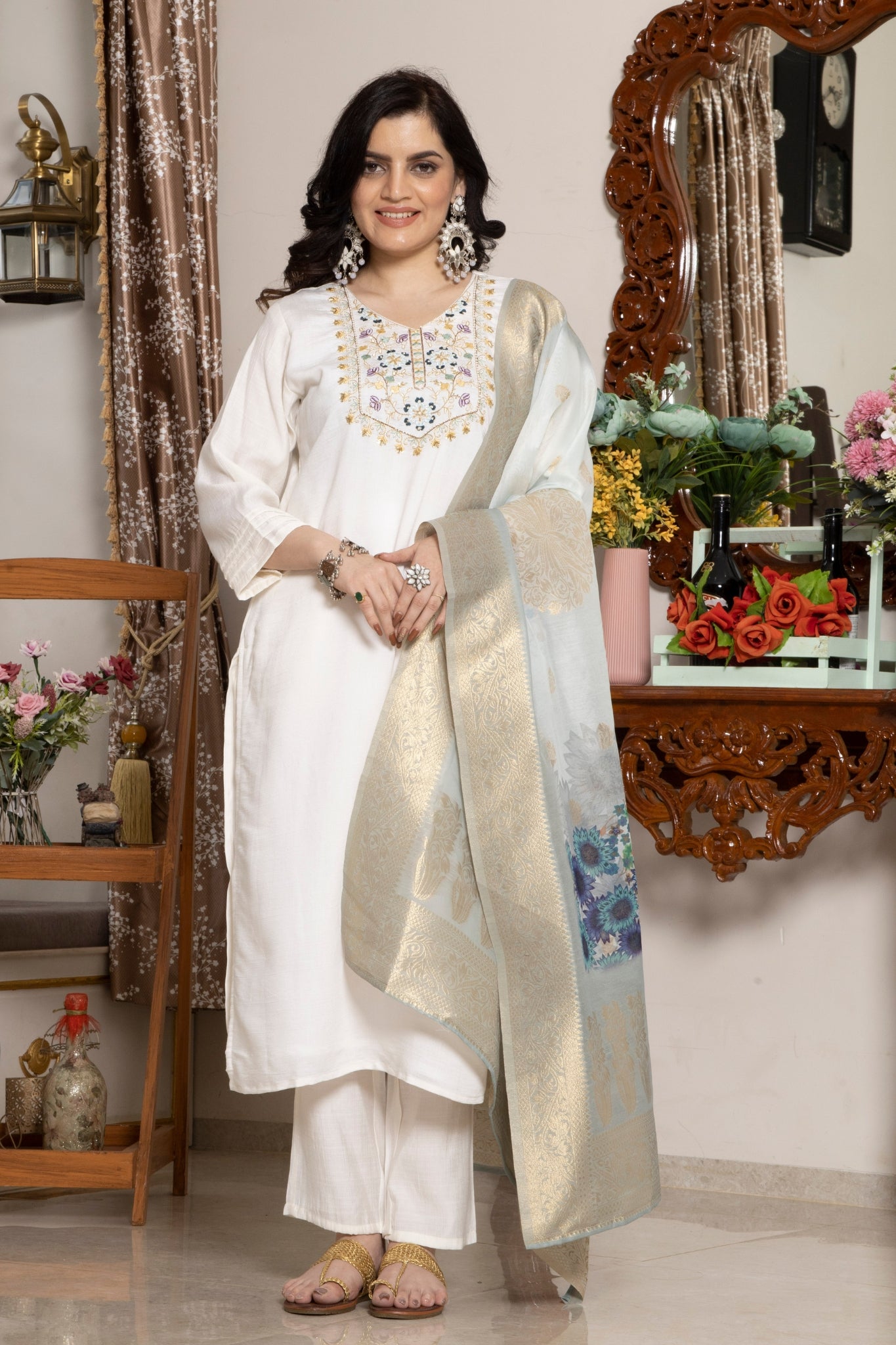 Elegant White Embroidered Viscose Kurta Set With Jacquard Printed Chanderi Dupatta