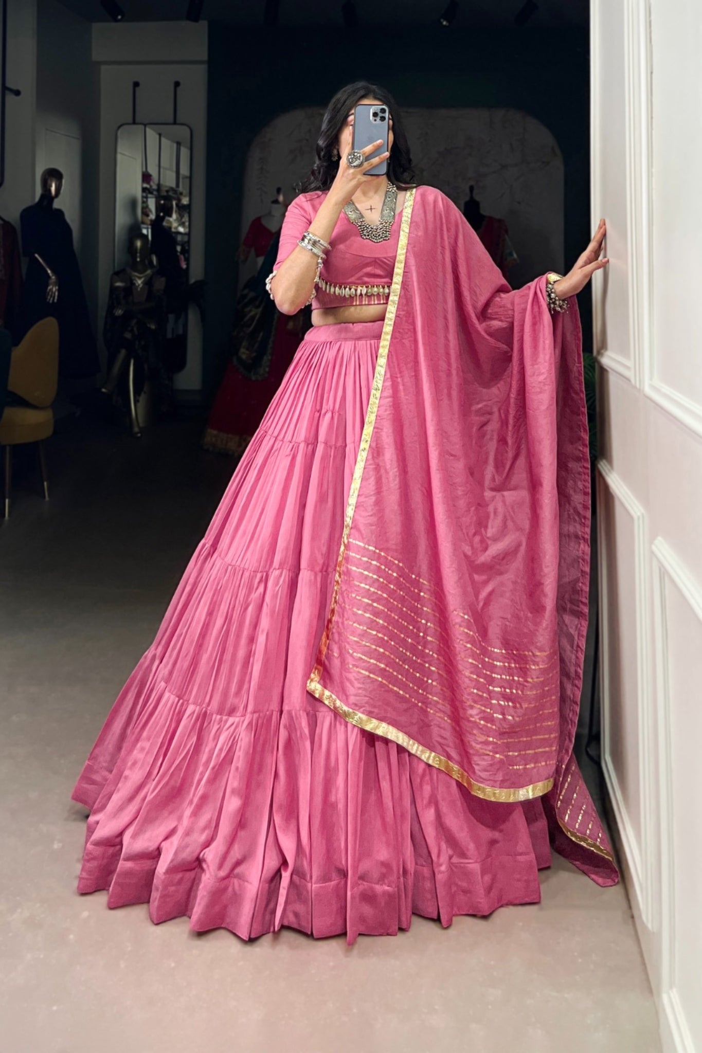 Light Pink Pure Chanderi Navratri Designer Beautiful Lehenga Choli