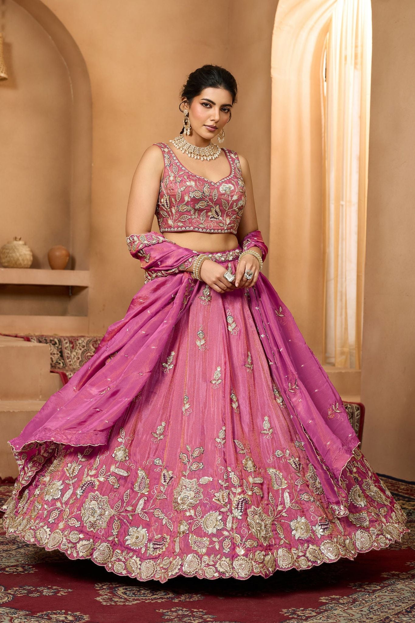 Rani Pink Pure Tissue Designer Lehenga Choli With Heavy Sequins & Thread Embroidery Work