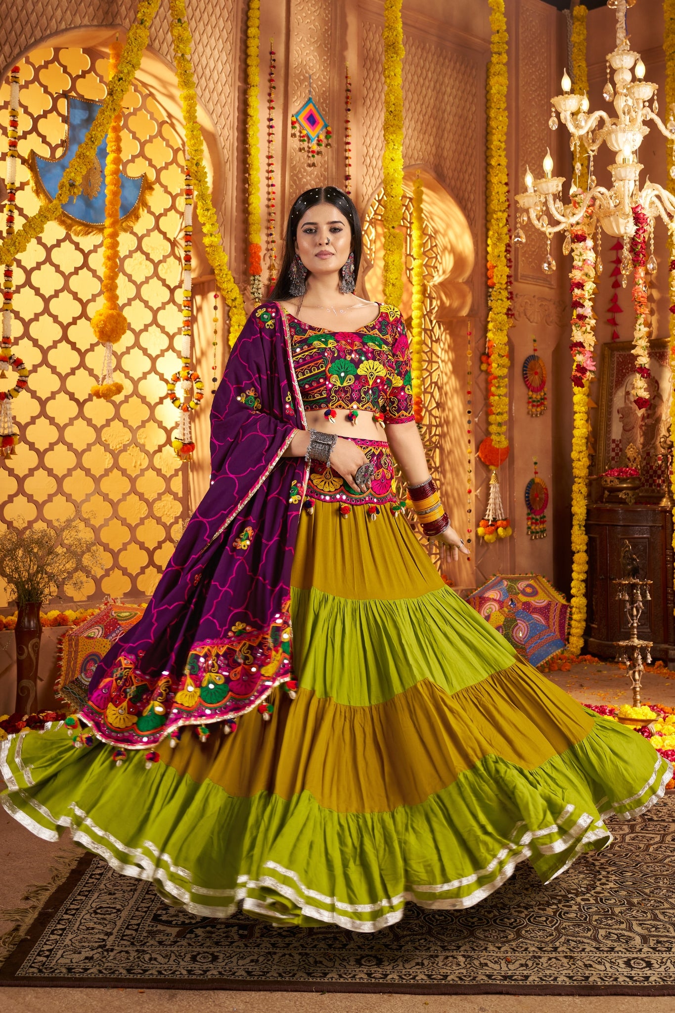 Designer Festive Spirit Viscose Cotton Multi Tread With Mirror Work Traditional Navratri Lehenga Choli