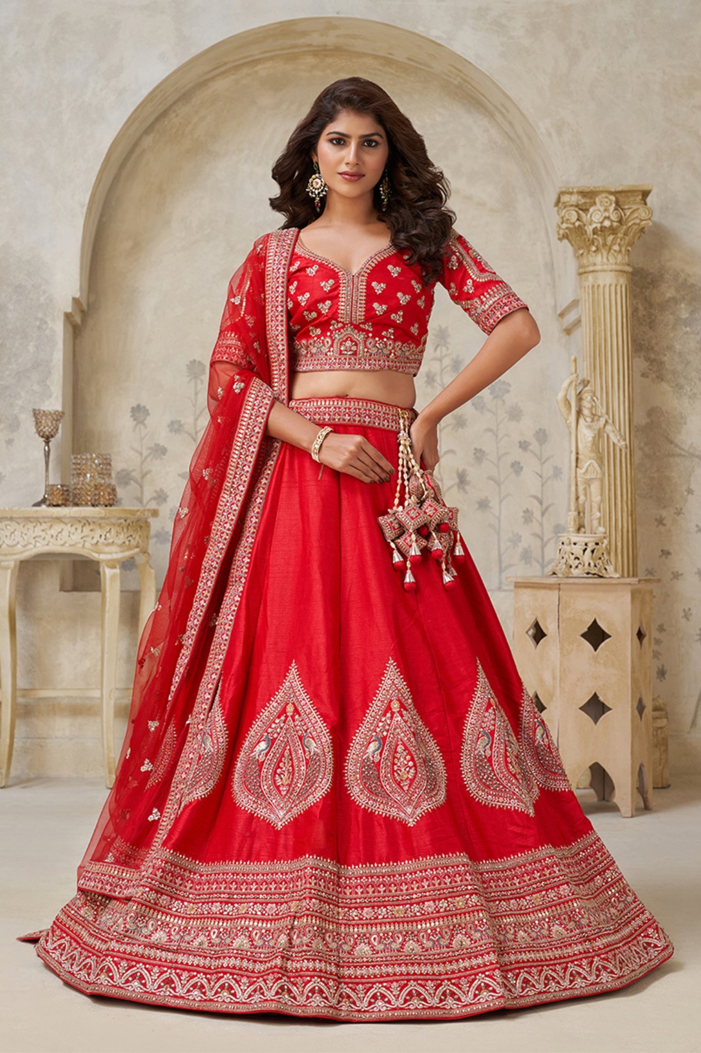 Crimson Elegance Minimalist Peacock And Leaf Motif Bridal Lehenga
