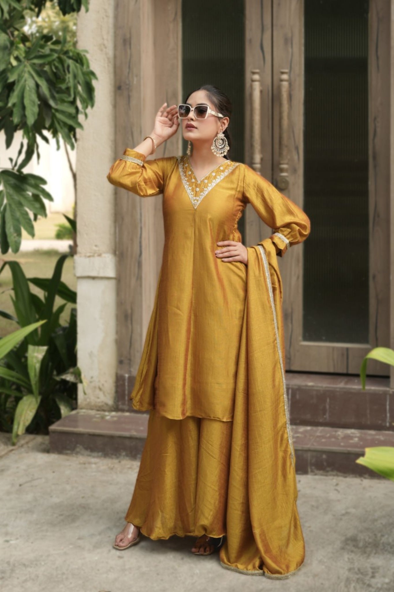 Royal V-Neck Embroidered Palazzo Suit Set With Designer Dupatta For Festive And Wedding Wear