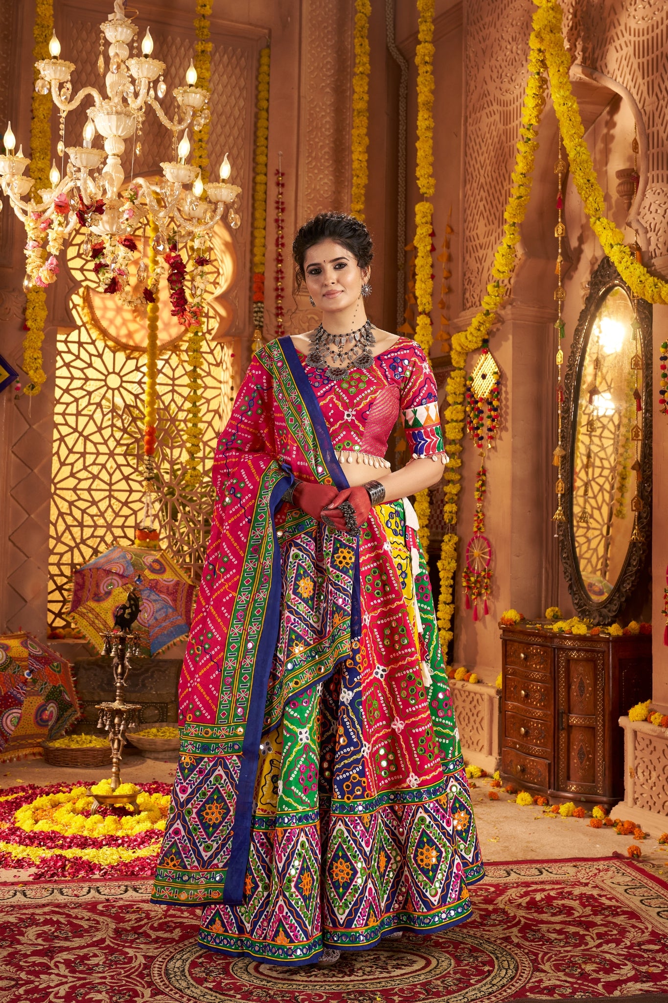 Multi Color Beautiful Organic Cotton Navratri Special Designer Lehenga Choli Set