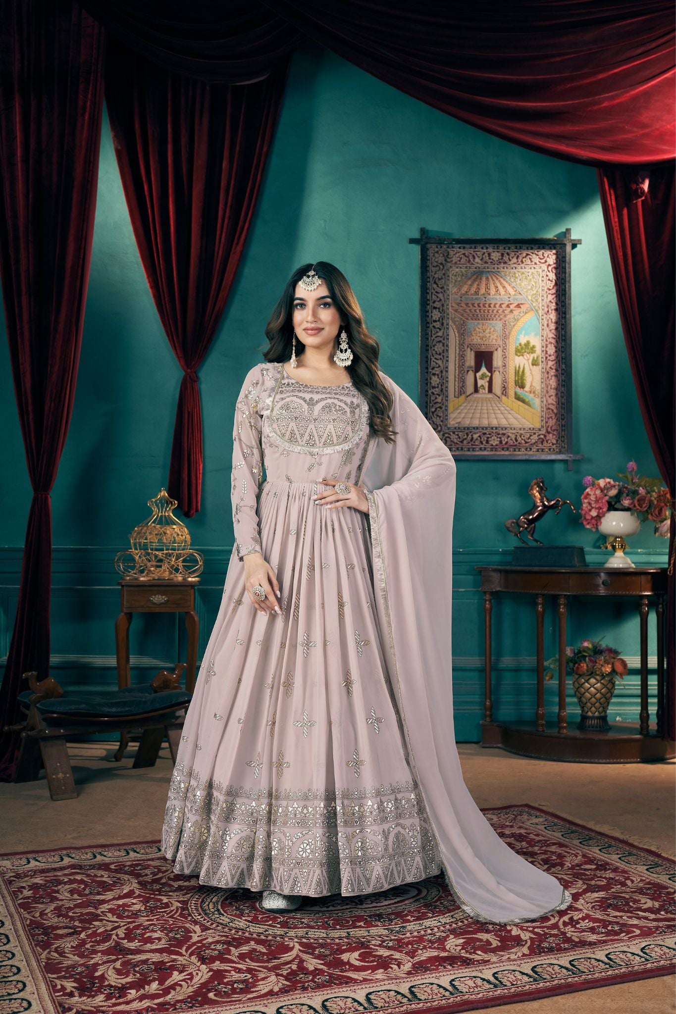 Majestic Metallic Foil Work Anarkali Gown