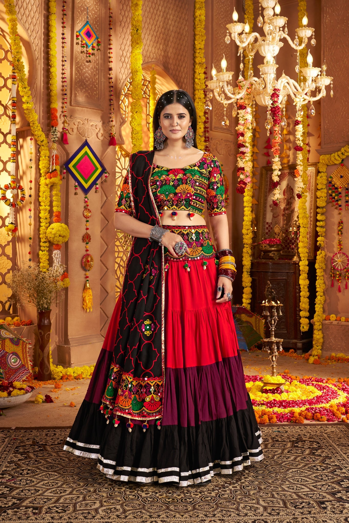 Festive Designer Viscose Cotton Multi Tread With Mirror Work Traditional Navratri Lehenga Choli