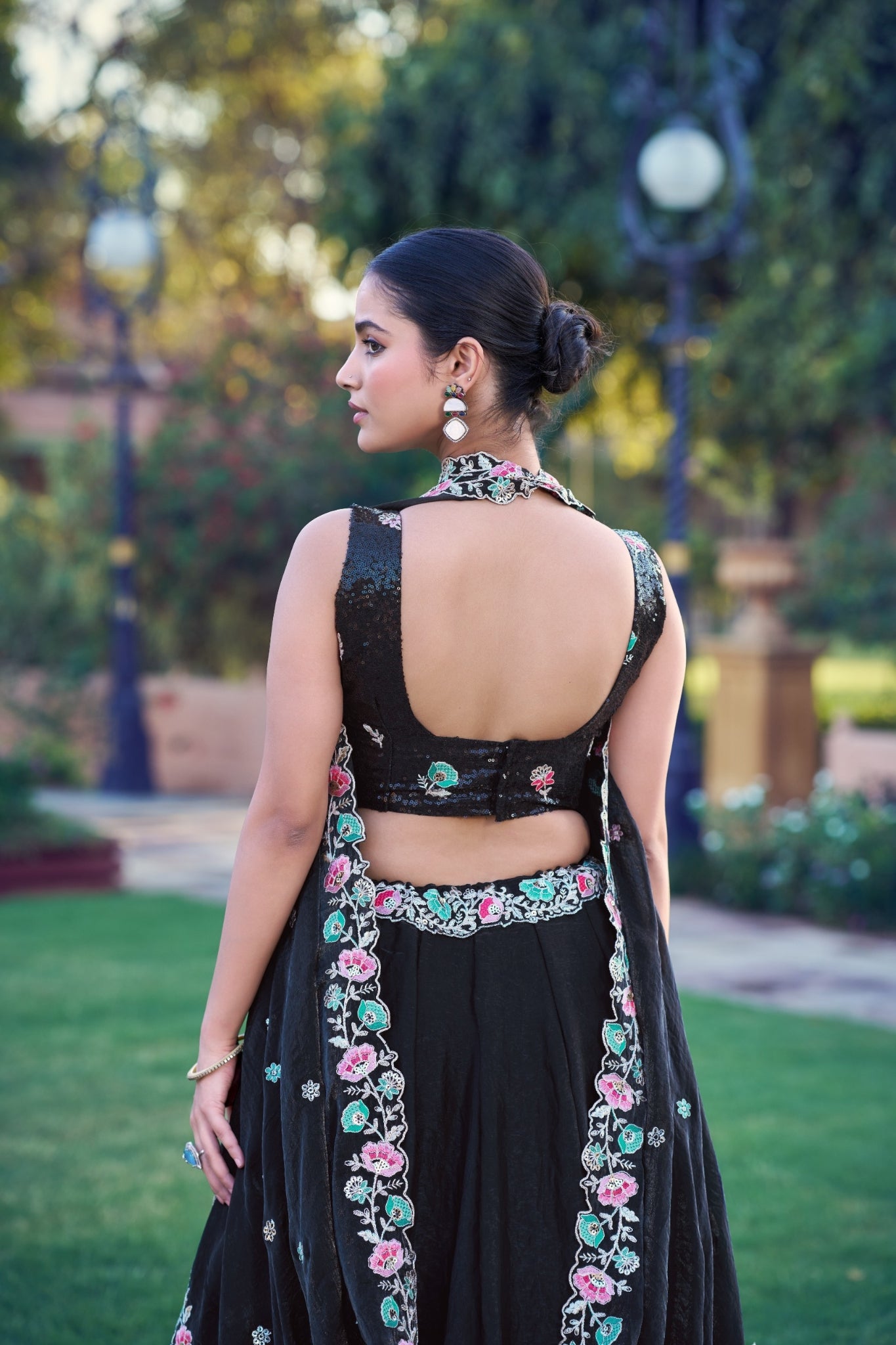 Black Fendi Fabric Lehenga Choli For Women With Sequins And Thread Embroidery