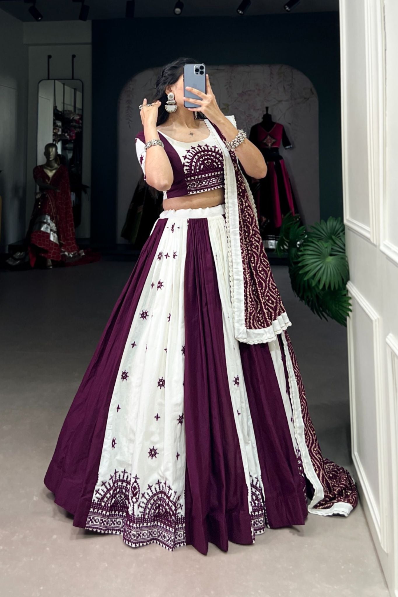 Wine And White Stylish Pure Cotton Navratri Lehenga Choli