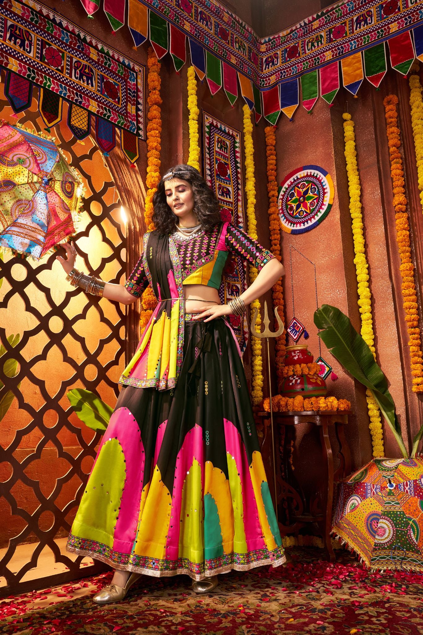 Designer Black Navratri Lehenga Choli Print With Mirror And Embroidery Work