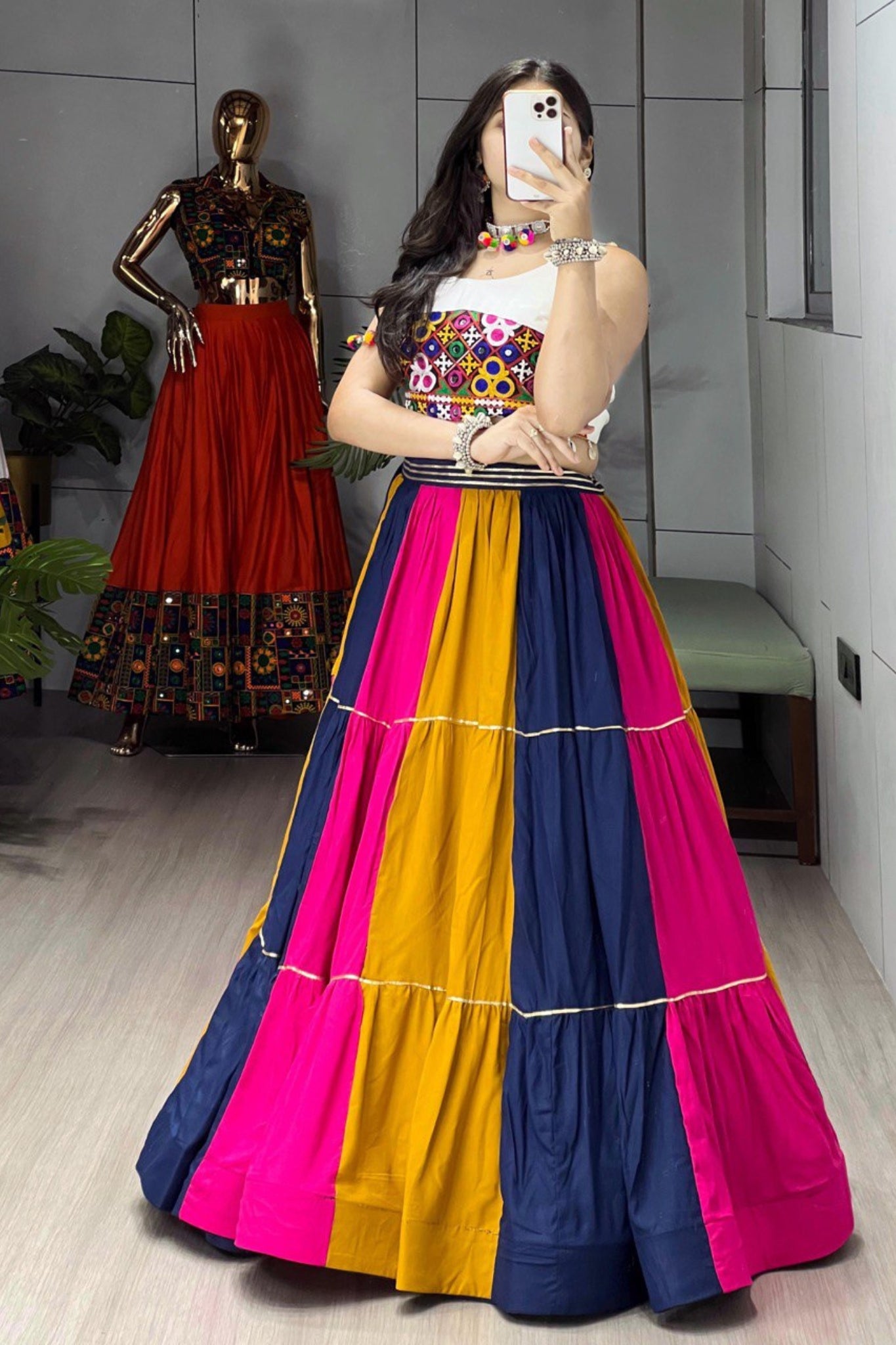 Navratri Special Multicolor Real Mirror Work With Pure Kutchhi Embroidery Lehenga Choli For Women