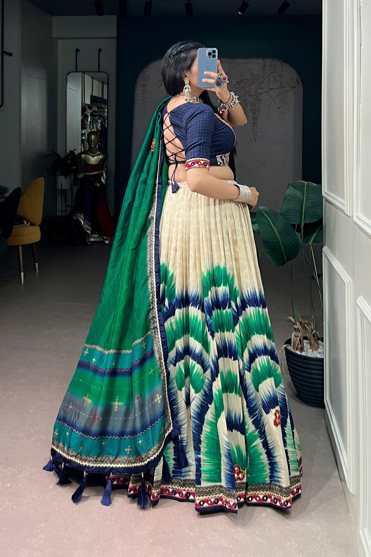 Tasar Silk Tie & Dye With Gamthi Work Navratri Lehenga Choli