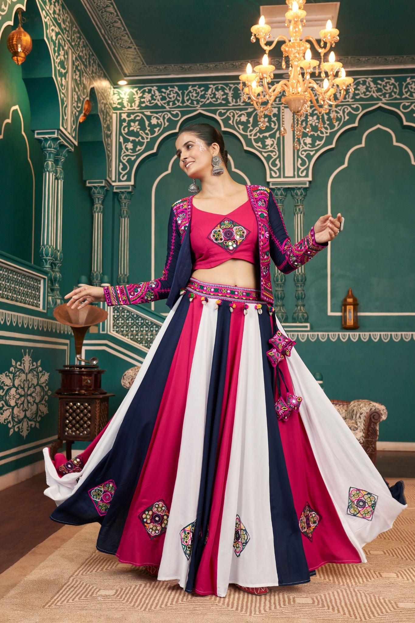 Traditional Embroidered Work Viscose Rayon Jacket Style Navratri Lehenga Choli